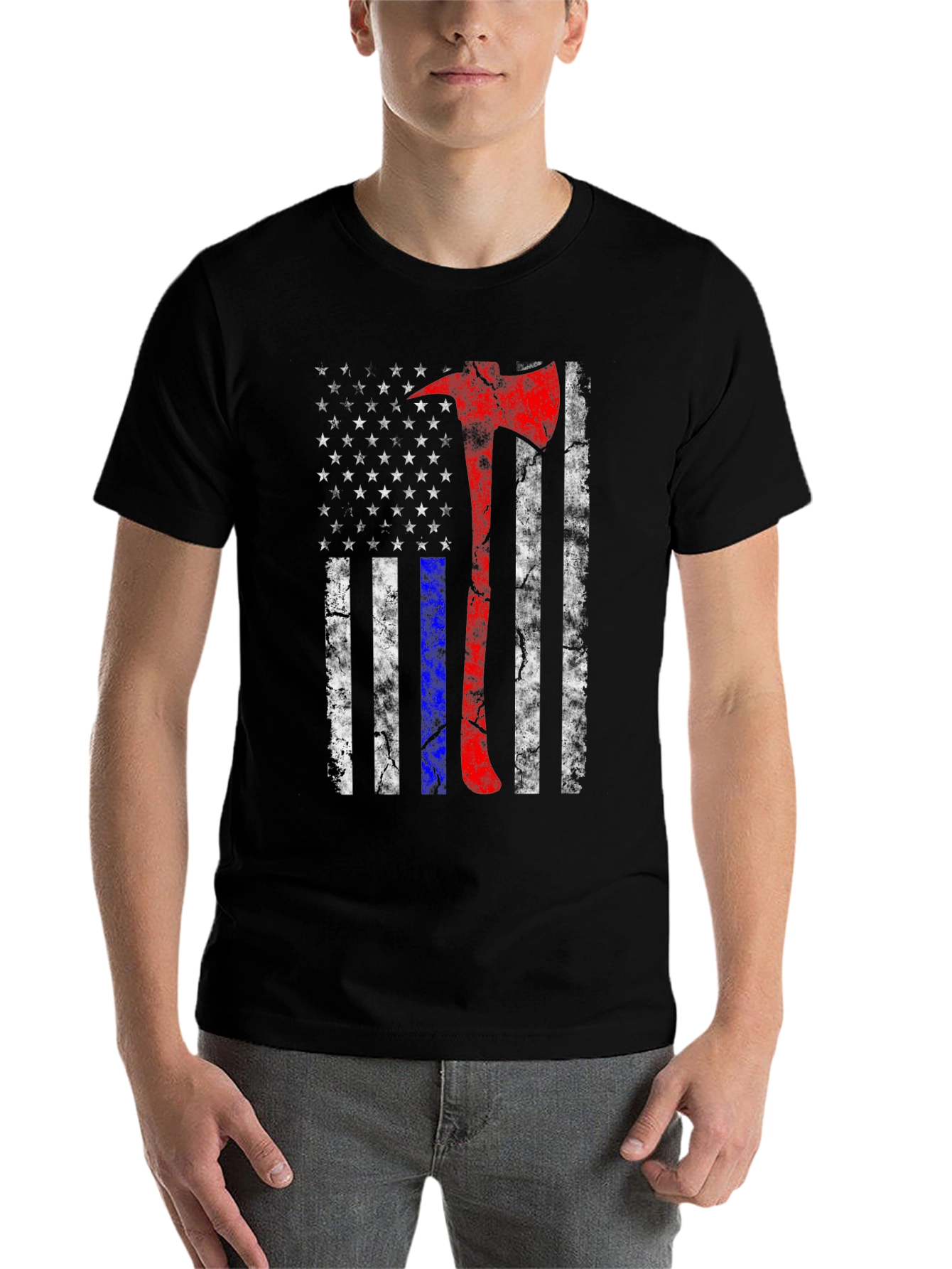 Black Firefighter Axe American Flag T-Shirt view 7