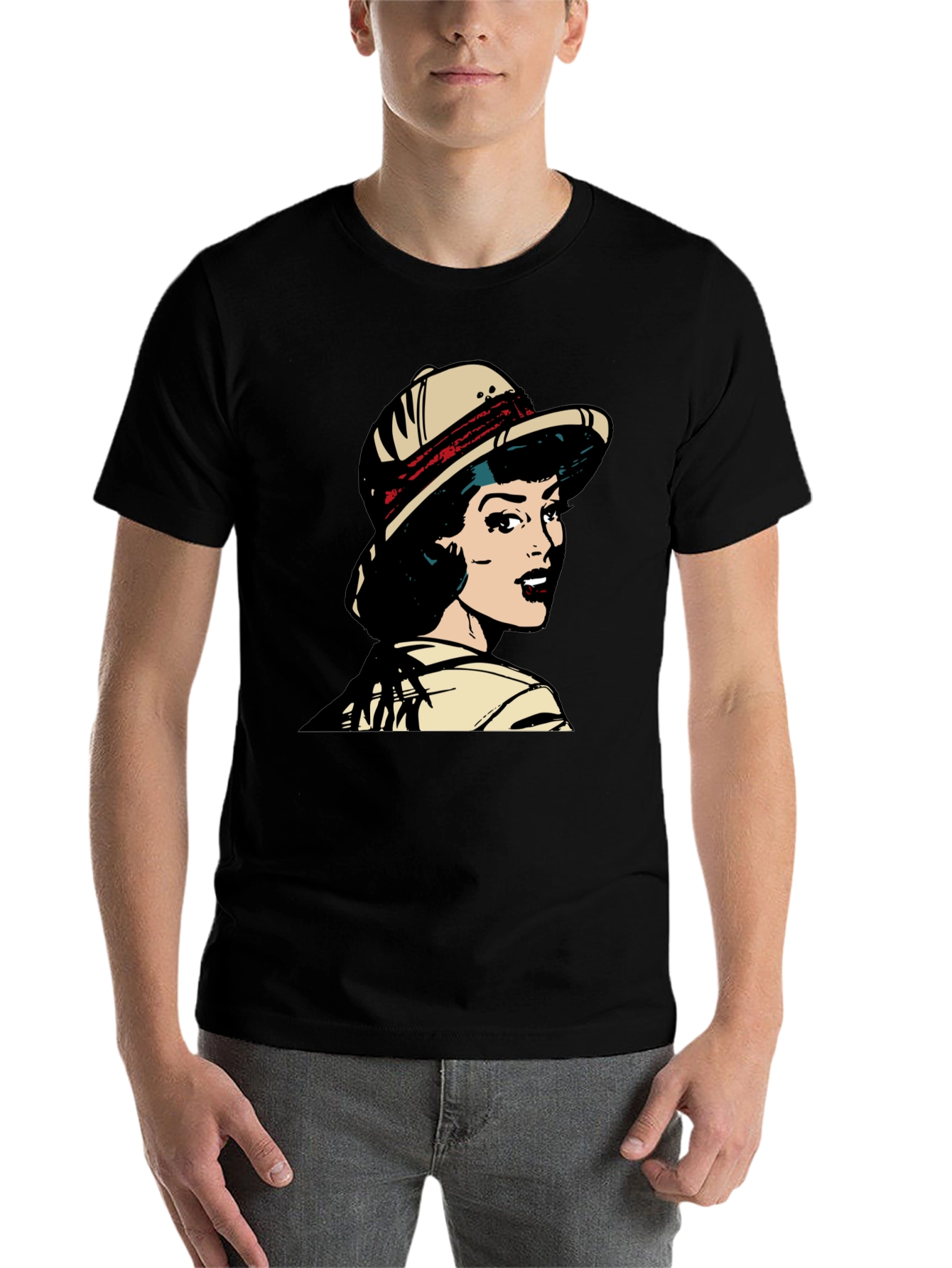 Black Retro Pop Art T-Shirt - Safari Girl Graphic Tee view 7