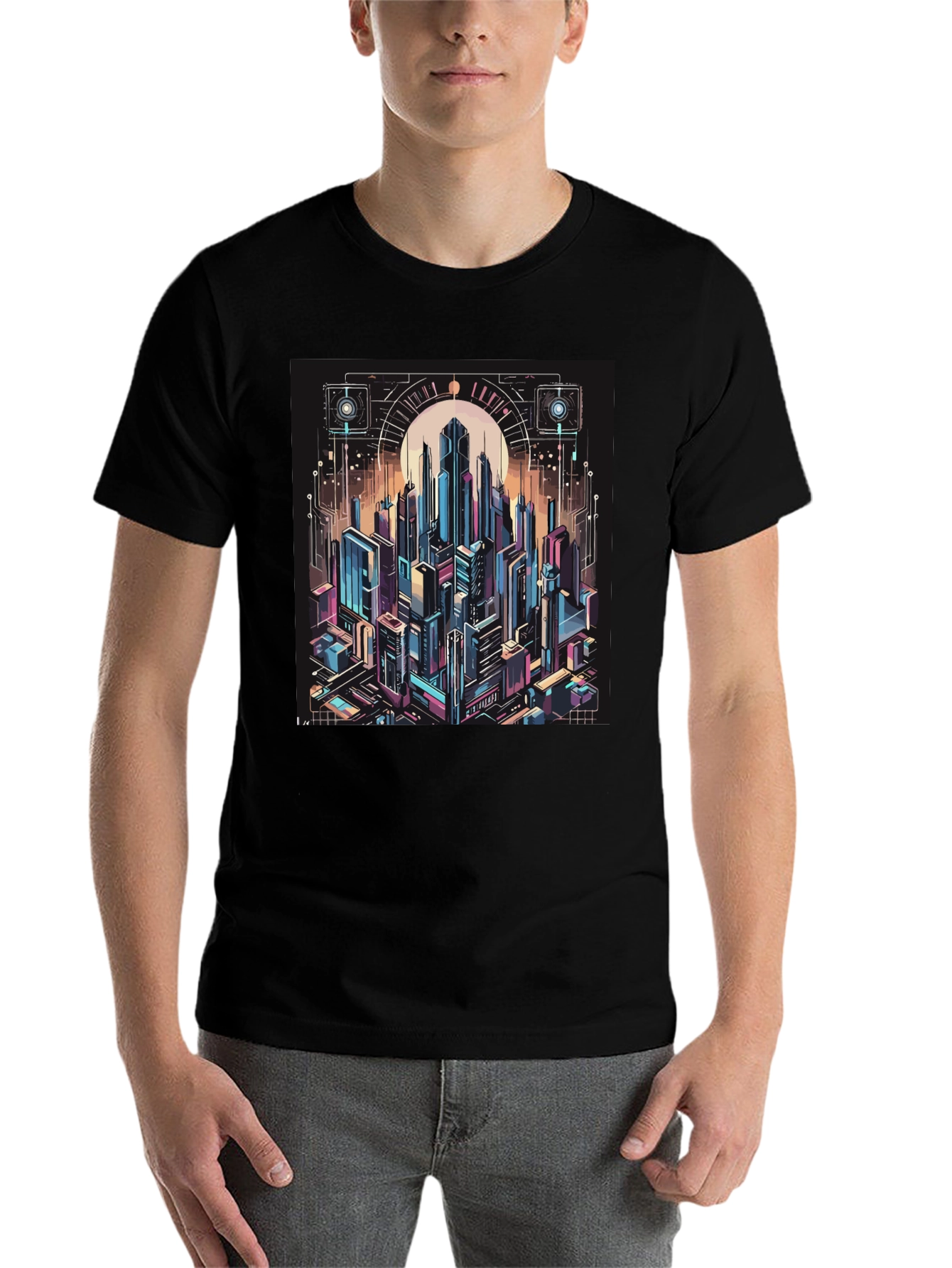 Black Cyberpunk Cityscape Graphic Tee - Black view 7