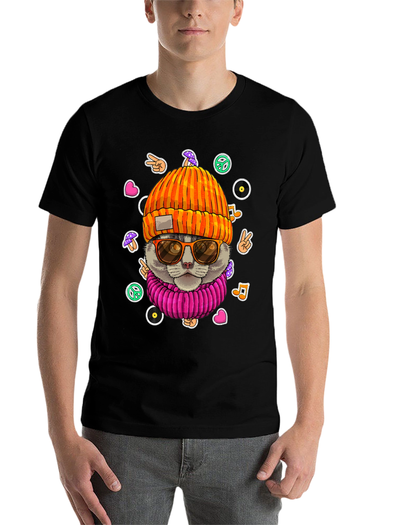 Black Cool Cat Graphic Tee - Hippie Style view 7