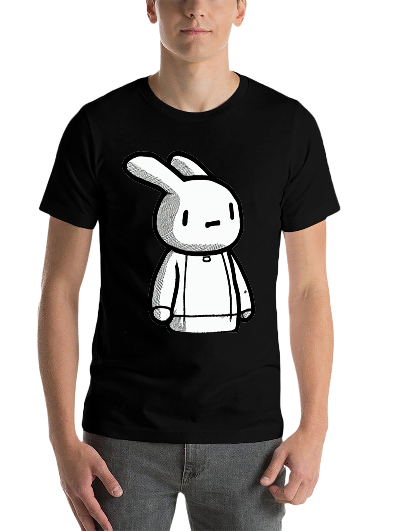 Black Cartoon Bunny Graphic Print Black Tee view 7