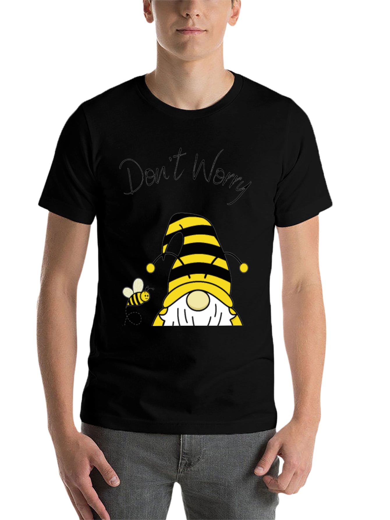 Black Don't Worry Bee Happy Gnome T-Shirt view 7
