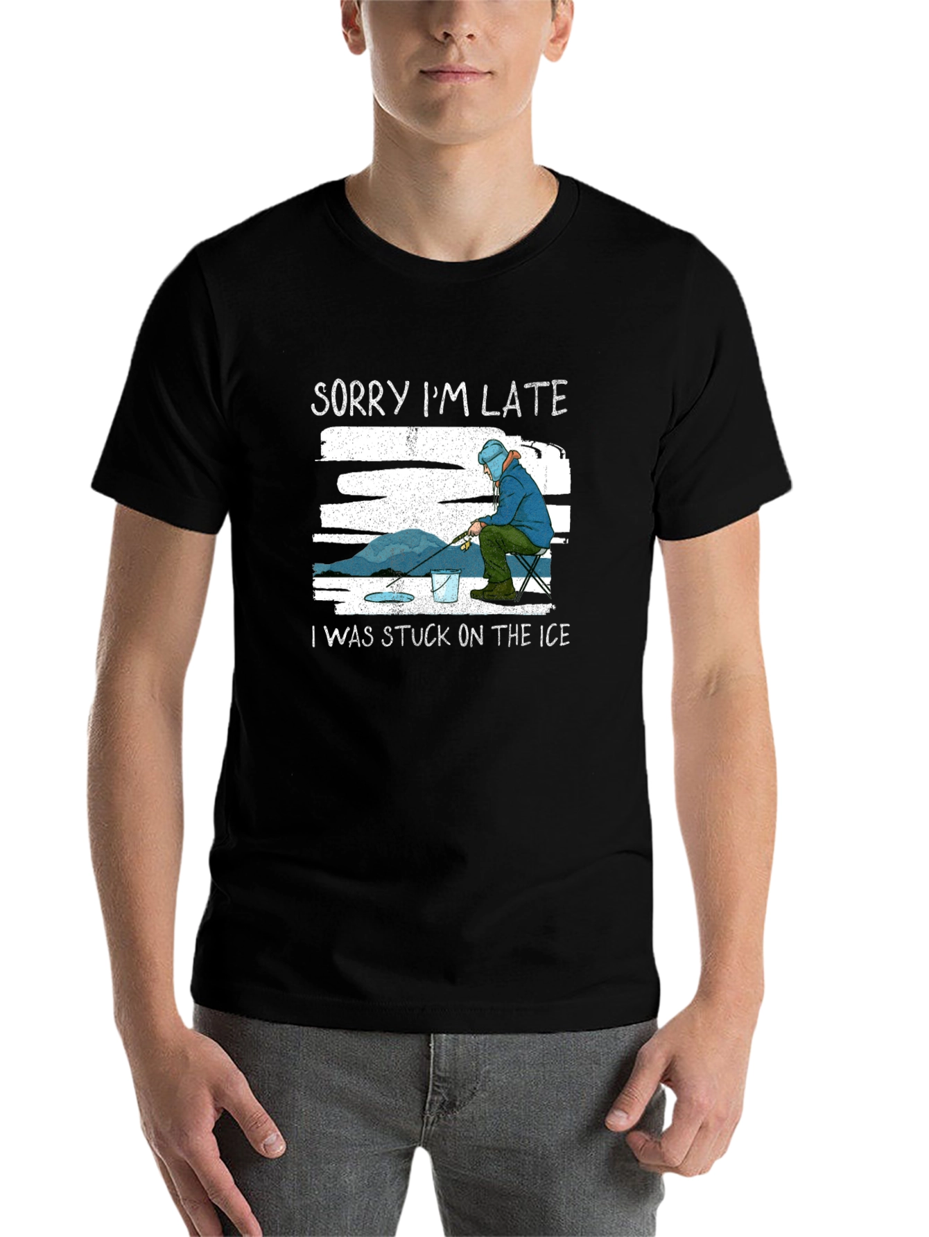 Black Sorry I'm Late Ice Fishing T-Shirt view 7