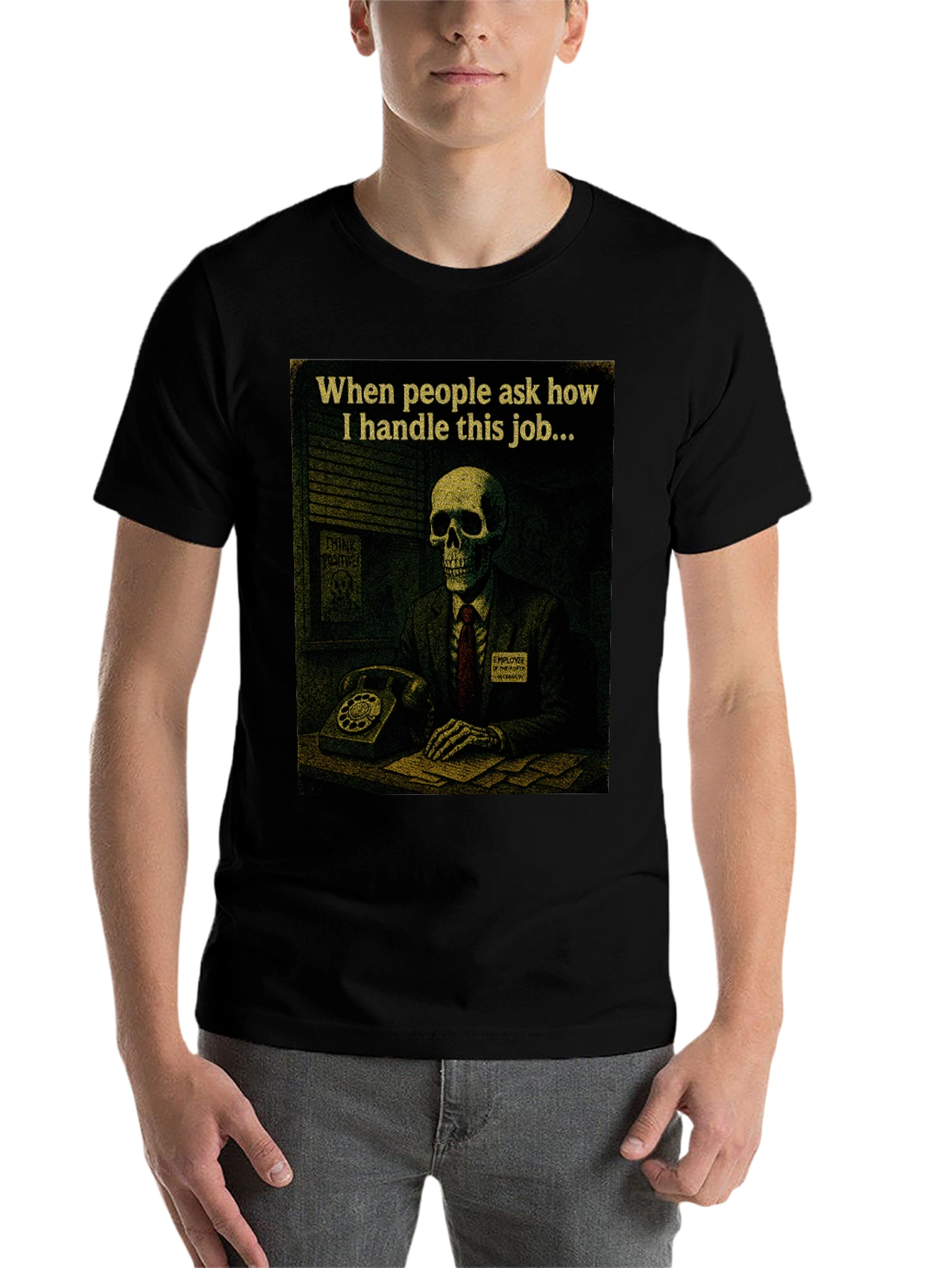 Black Humorous Skeleton Work T-Shirt view 7