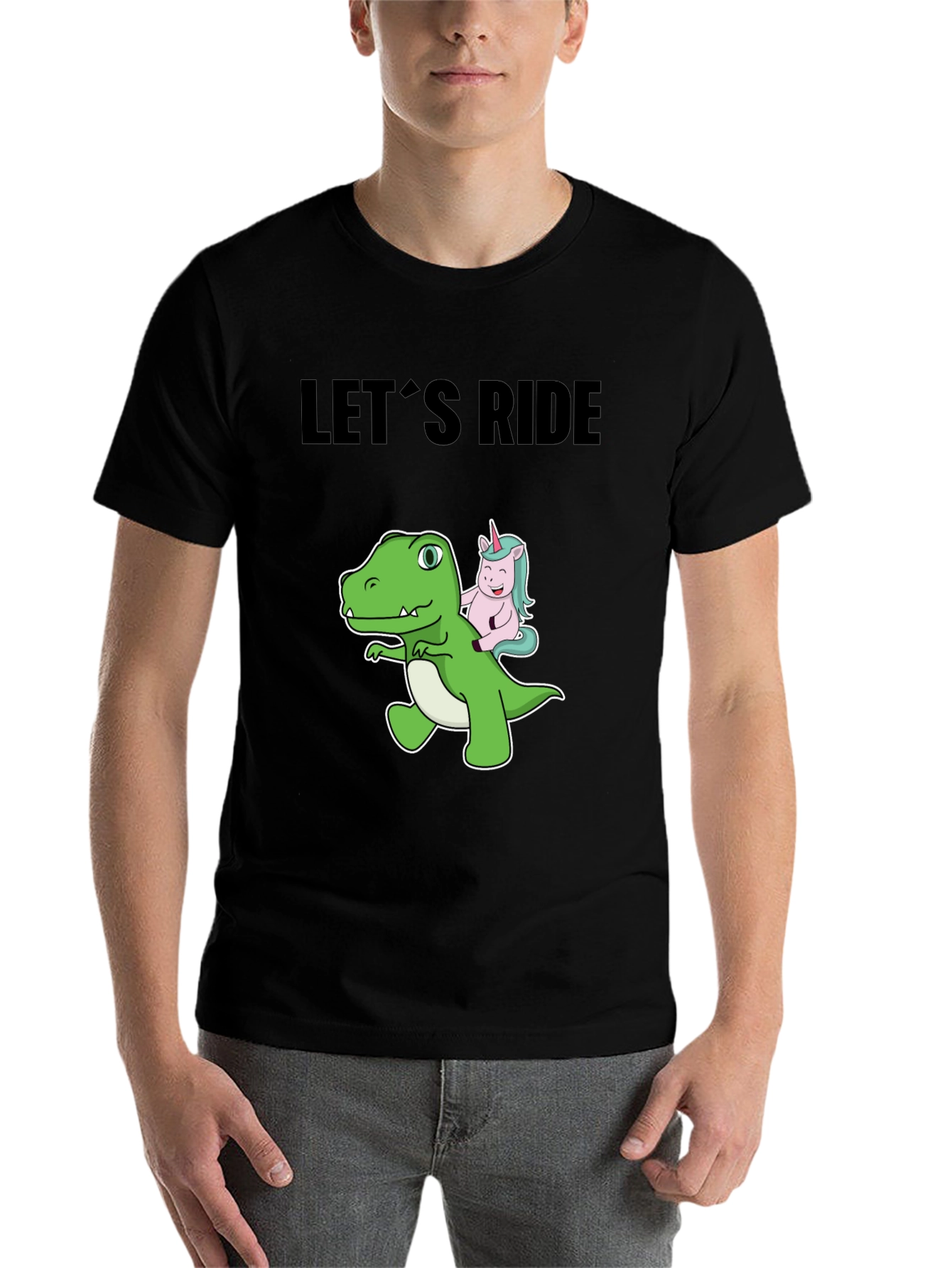 Black Dino and Unicorn Let's Ride Graphic Tee view 7