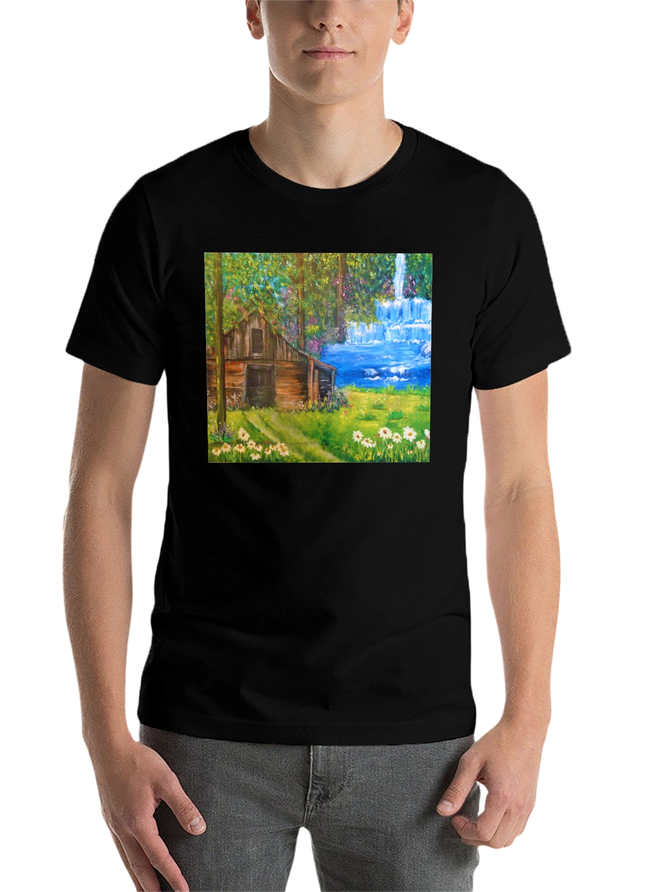 Black Cabin Waterfall Nature T-Shirt view 7