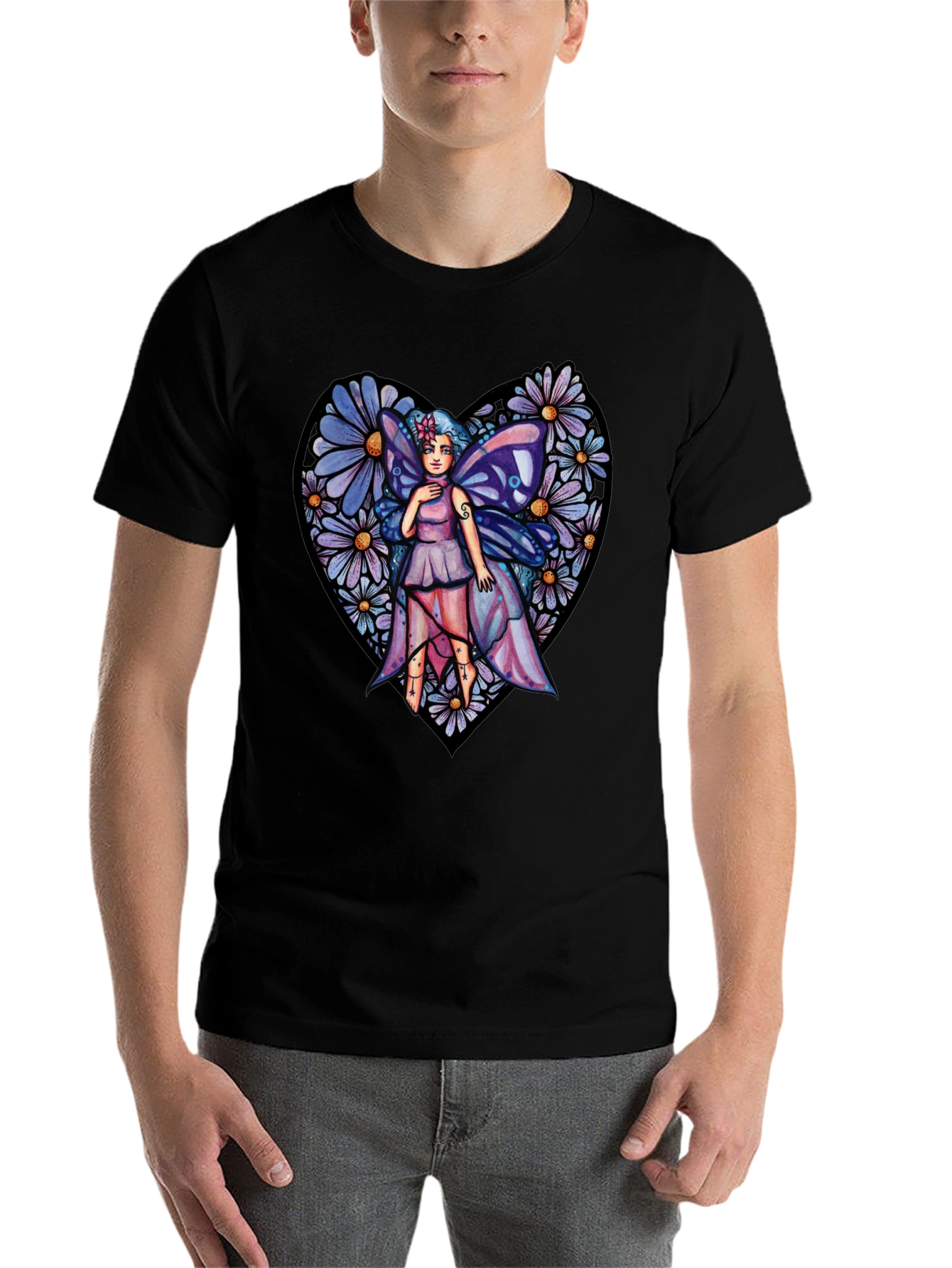 Black Fairy Heart T-Shirt, Floral Graphic Tee, Unique Design view 7