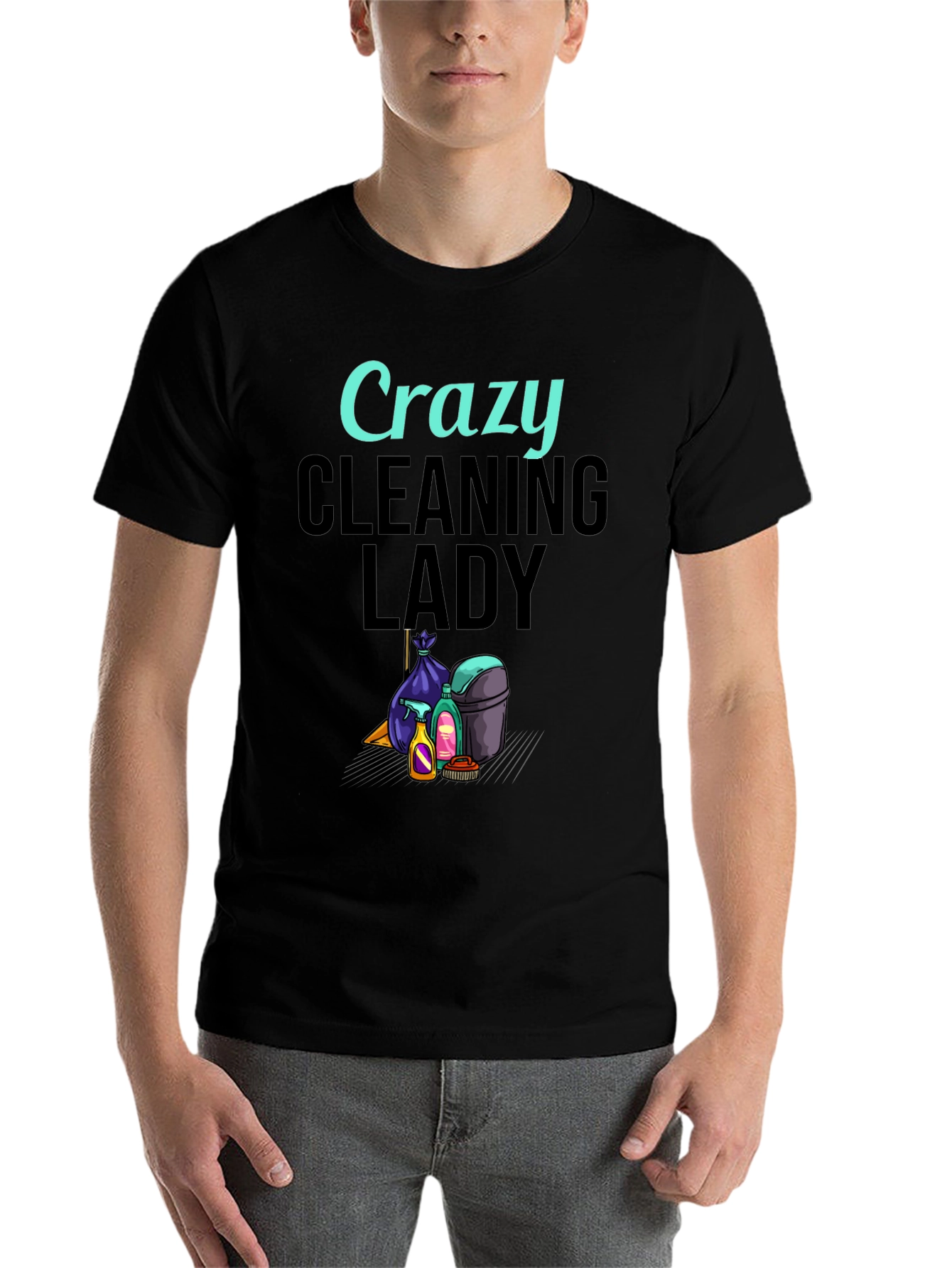 Black Crazy Cleaning Lady Graphic T-Shirt view 7
