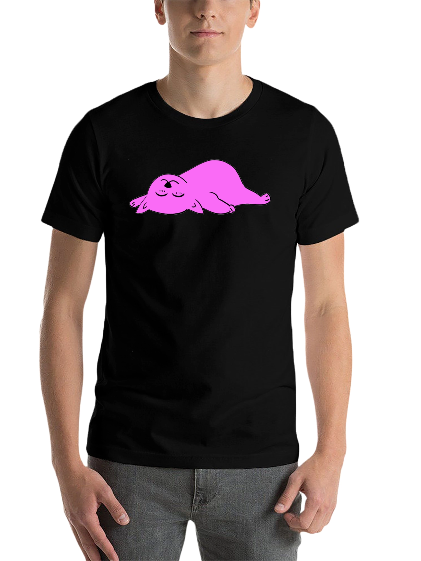 Black Black T-Shirt with Sleeping Pink Cat Cartoon Graphic view 7