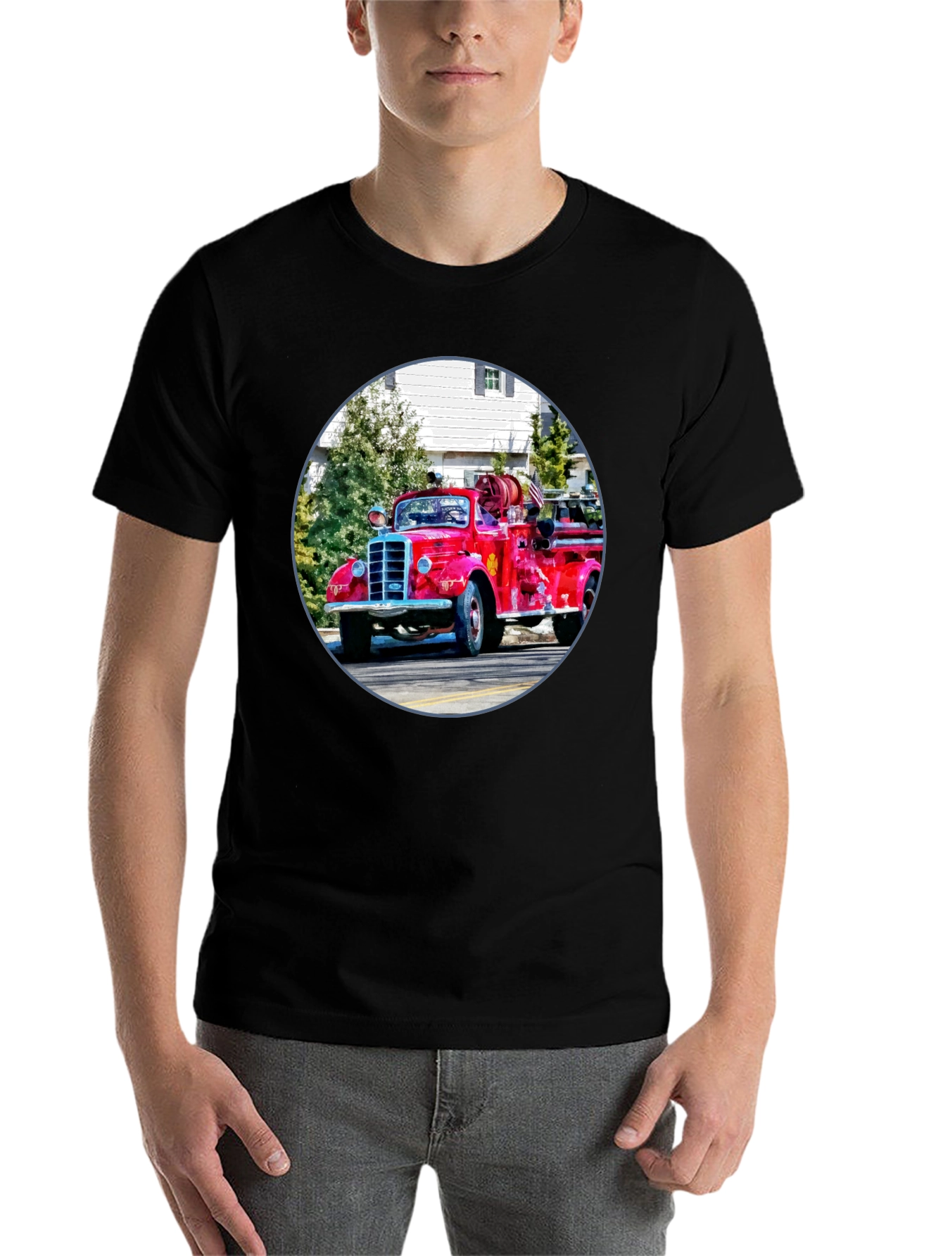 Black Vintage Fire Truck Graphic T-Shirt - Classic Design view 7