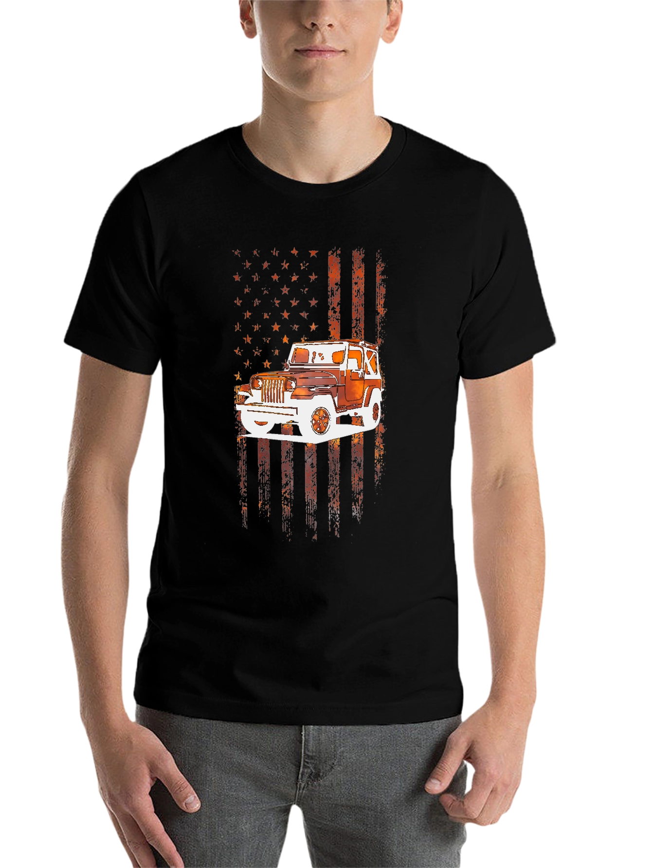 Black American Flag Jeep T-Shirt view 7