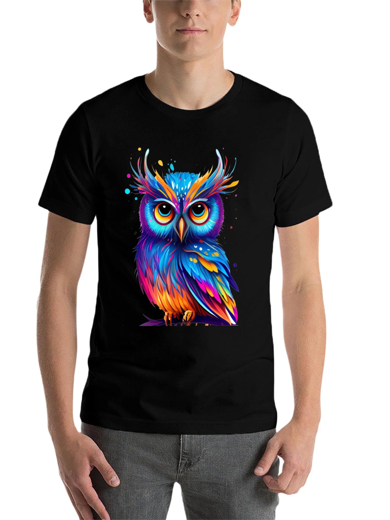 Black Colorful Owl Graphic Tee - Unique Art T-Shirt view 7