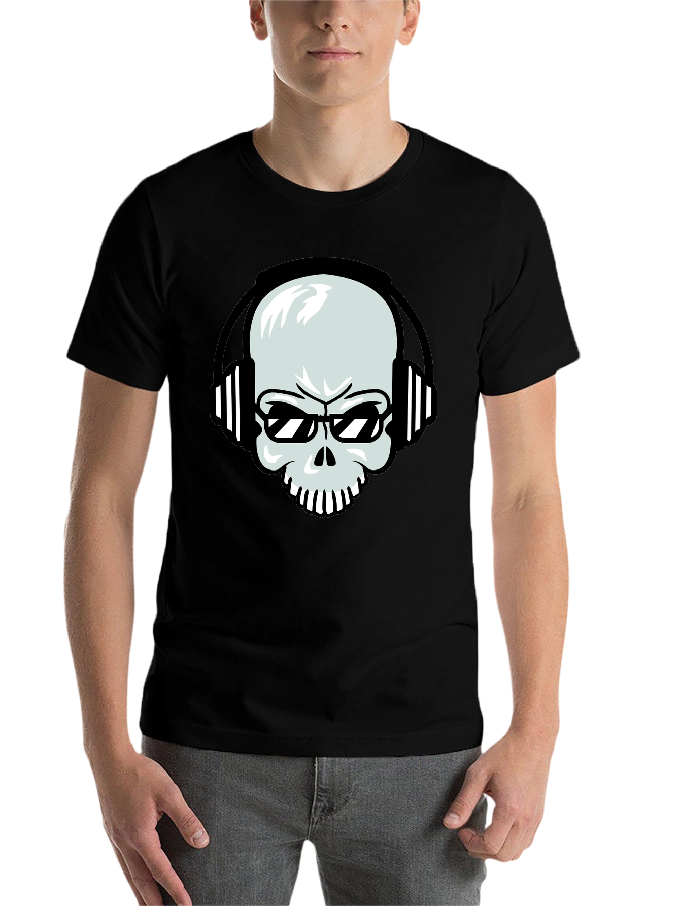 Black Skull with Headphones Graphic Tee - Black Cotton T-Shirt view 7