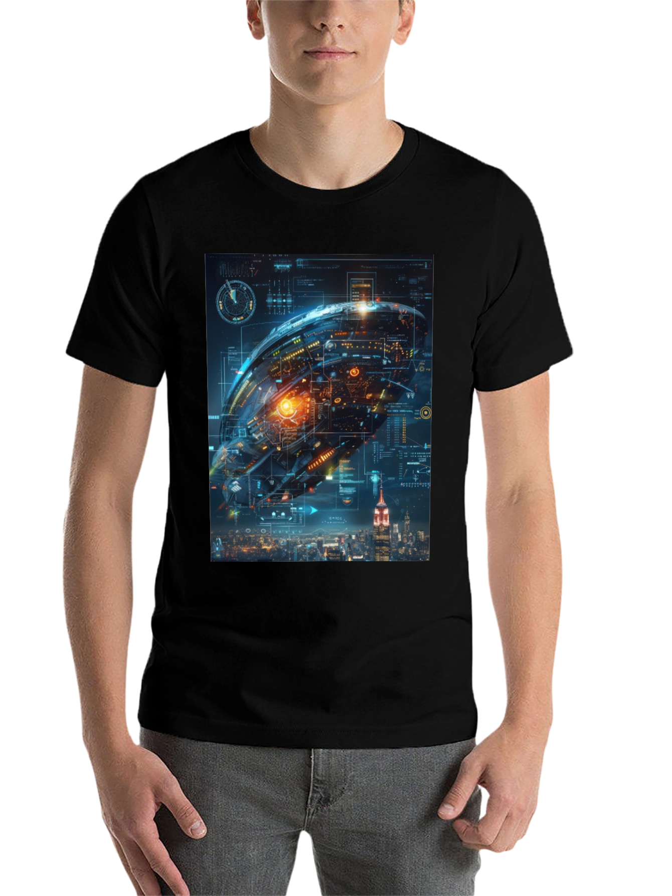 Black Sci-Fi Spaceship Over New York T-Shirt view 7
