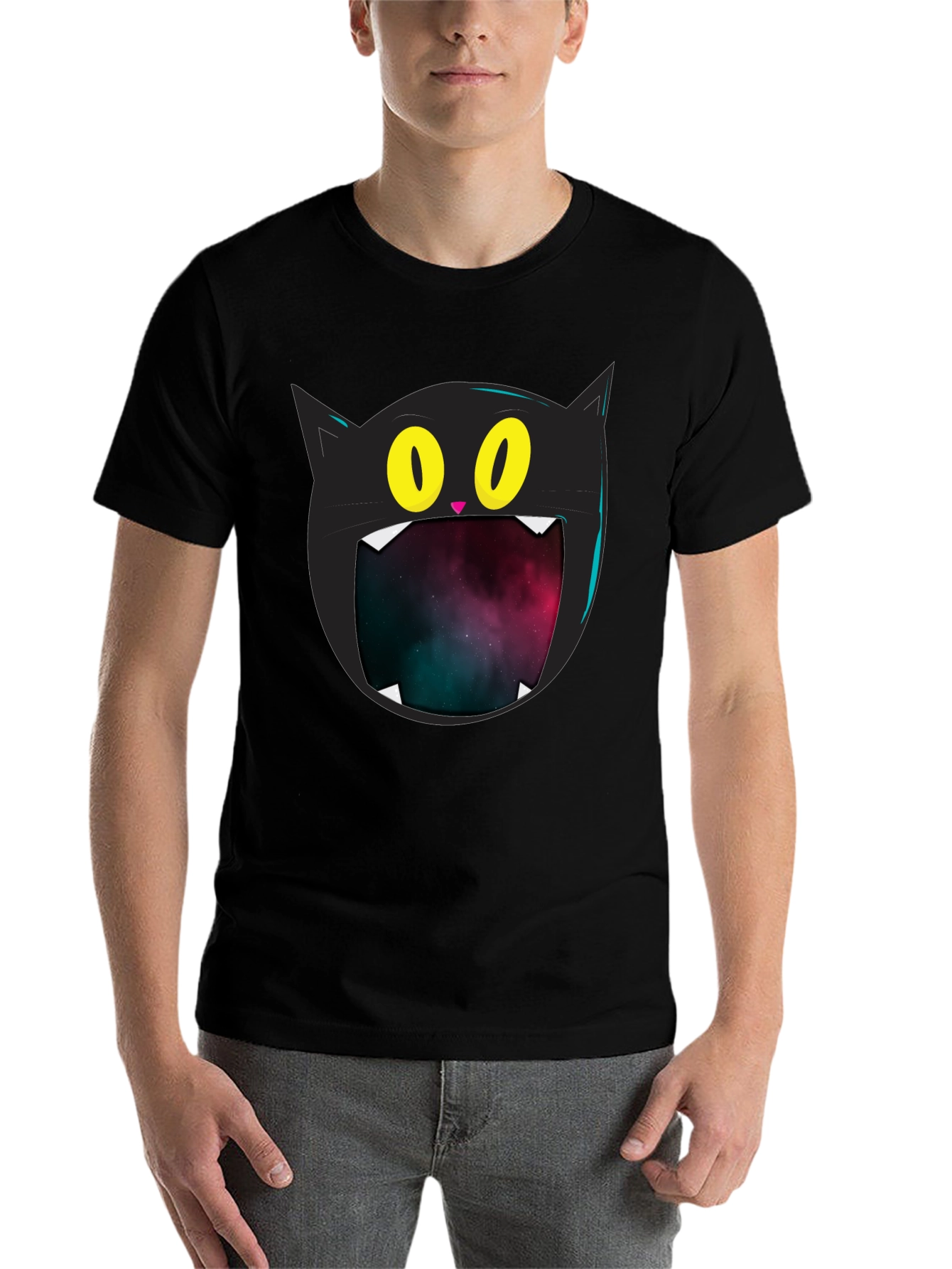 Black Cosmic Cat T-Shirt - Black Graphic Tee view 7