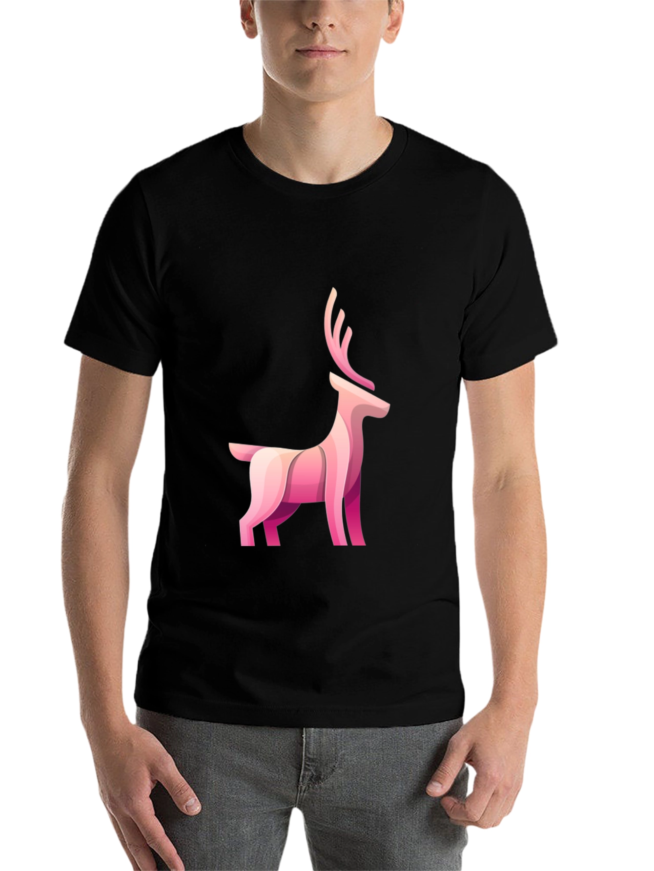 Black Stylish Black Tee with Pink Deer Graphic view 7