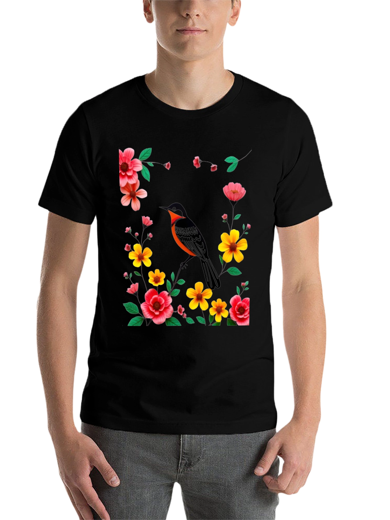 Black Floral Bird Graphic Tee - Stylish Men's Black T-Shirt view 7