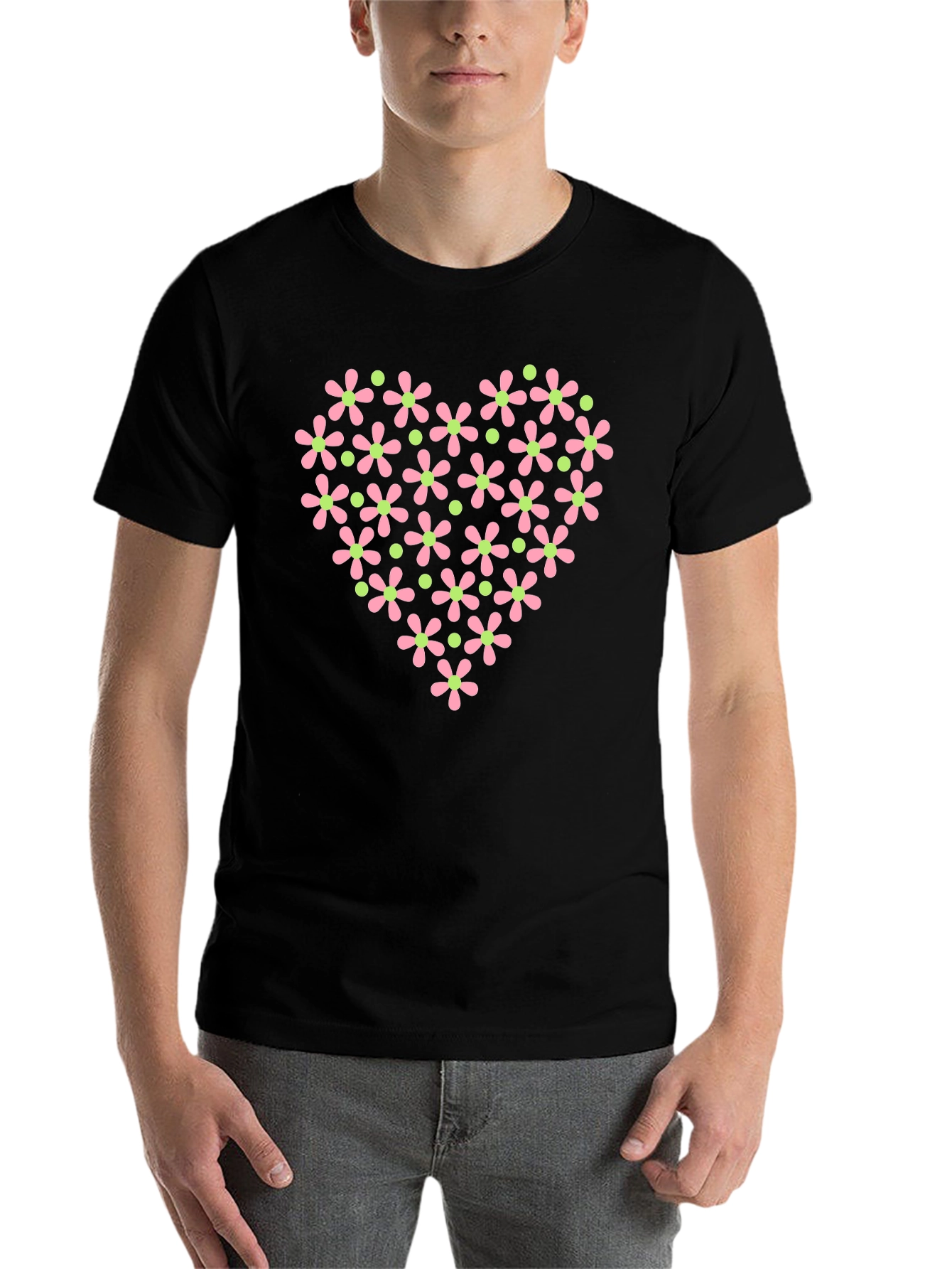 Black Floral Heart T-Shirt - Black Cotton Tee view 7