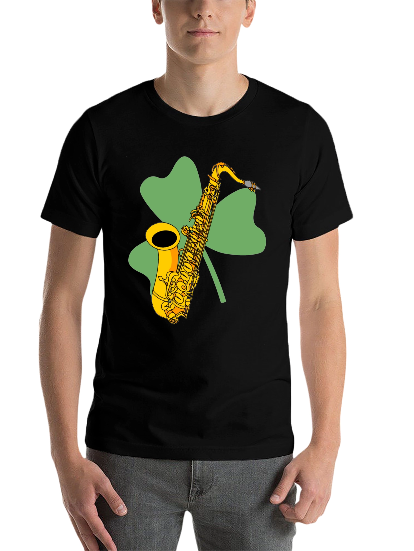 Black St. Patrick's Day Saxophone Shamrock T-Shirt view 7
