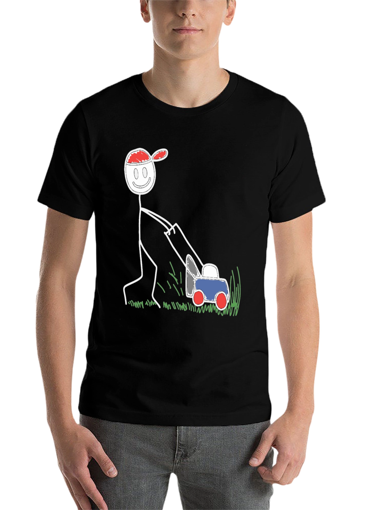 Black Funny Stick Figure Lawn Mower Graphic Tee view 7