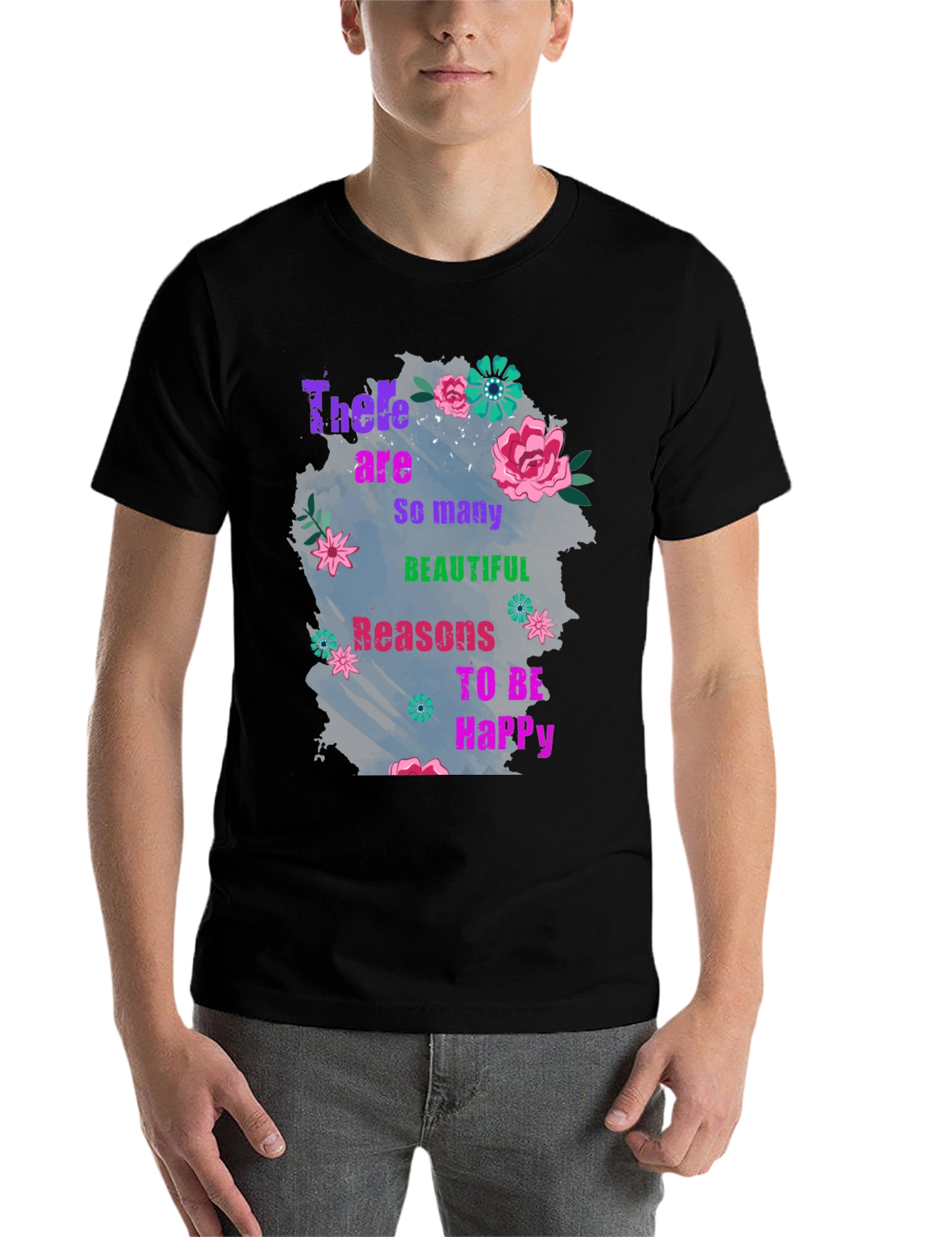 Black Floral Inspirational T-Shirt - Reasons to Be Happy view 7