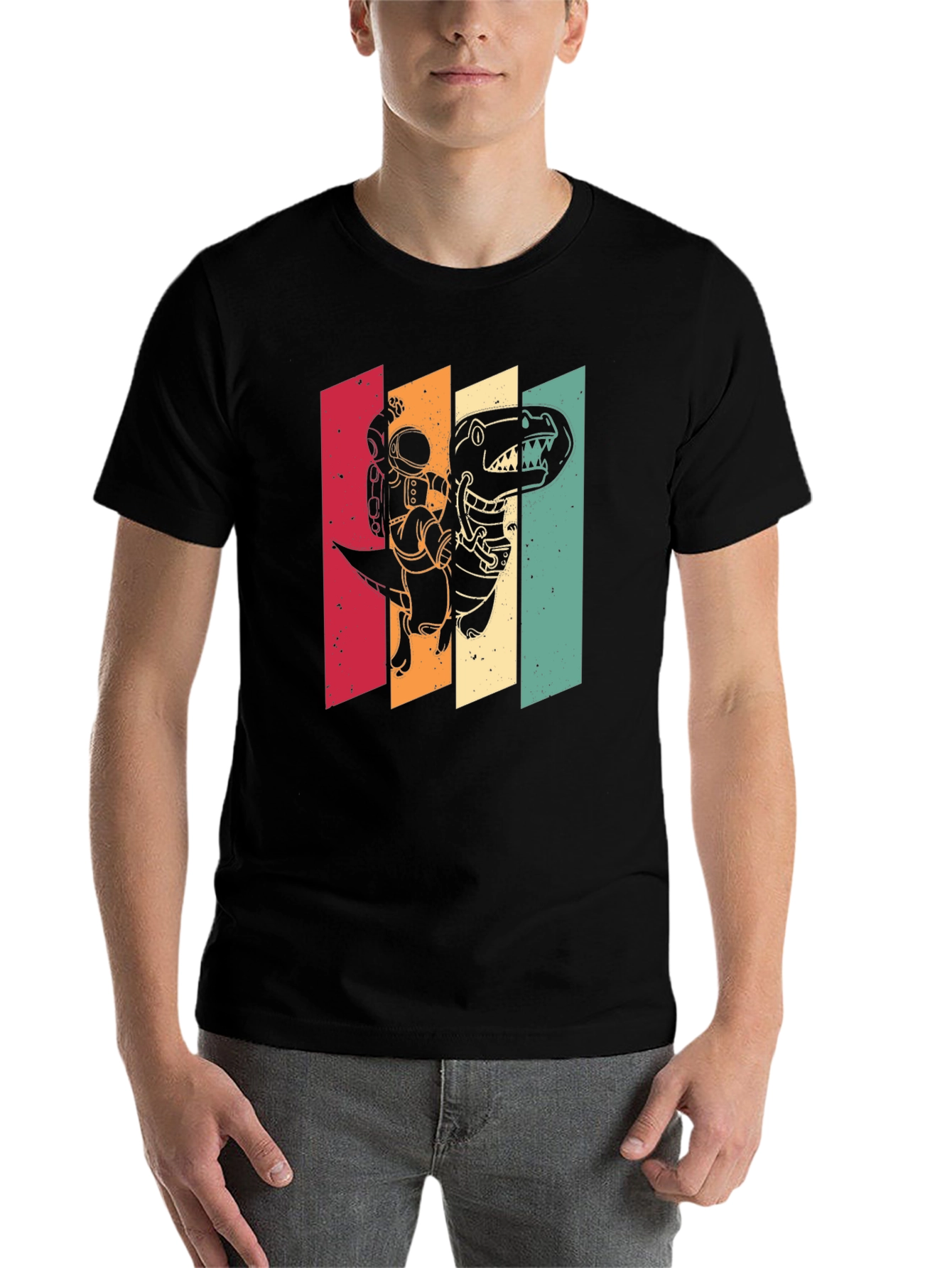 Black Retro Astronaut Dinosaur T-Shirt view 7