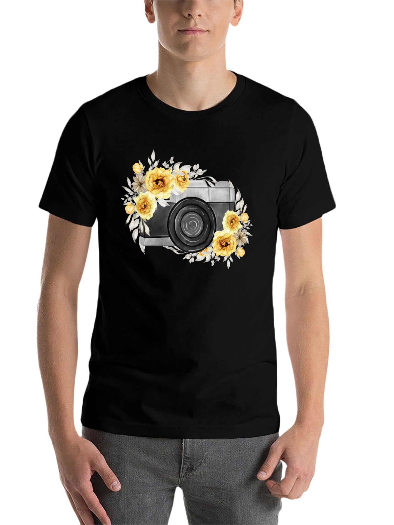 Black Floral Camera Graphic T-Shirt - Black Cotton Tee view 7