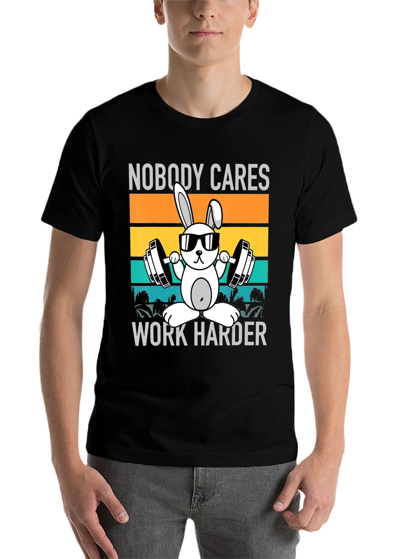 Black Funny Workout Bunny T-Shirt - Nobody Cares, Work Harder view 7