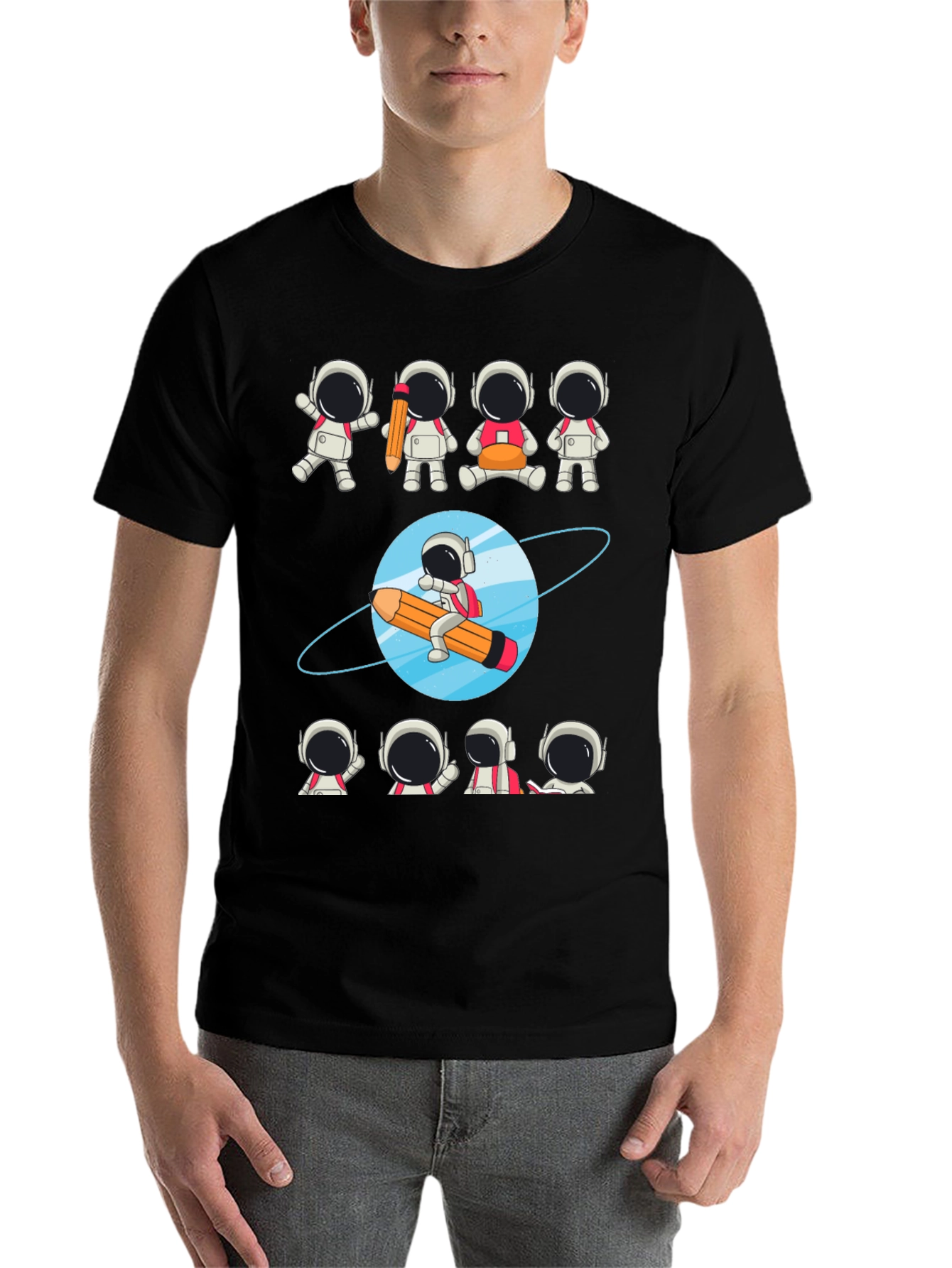 Black Astronaut Pencil Planet T-Shirt - Creative Space Design view 7
