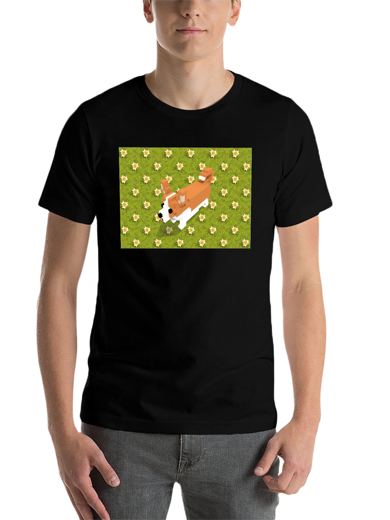 Black Pixel Dog T-Shirt - Corgi on Flowers view 7