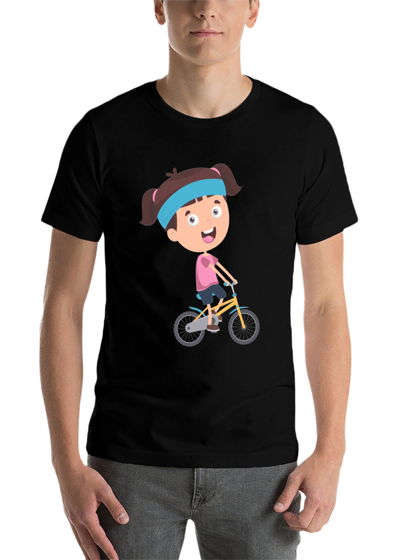 Black Cartoon Girl Biking Graphic Print Tee - Casual Comfort view 7