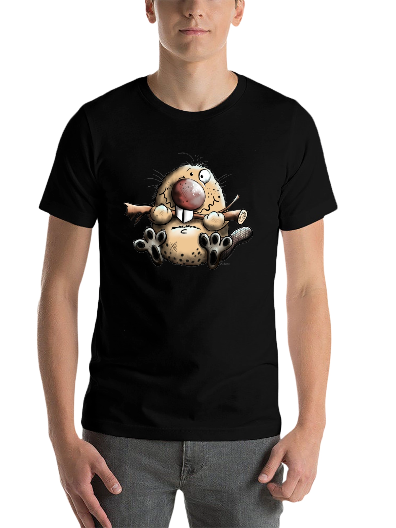 Black Cartoon Beaver Graphic T-Shirt view 7