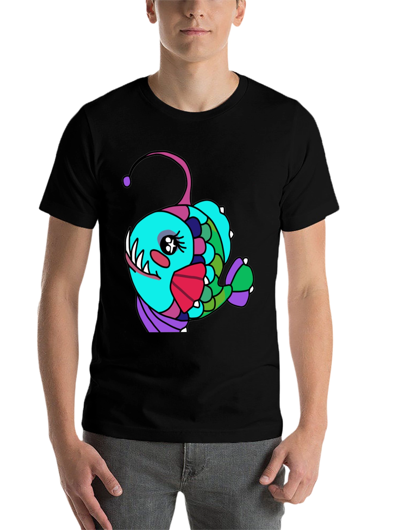 Black Anglerfish Cartoon T-Shirt - Unique Graphic Tee view 7
