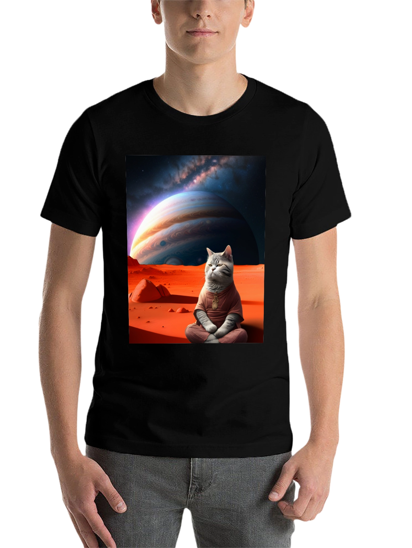 Black Zen Cat in Space Graphic Tee view 7