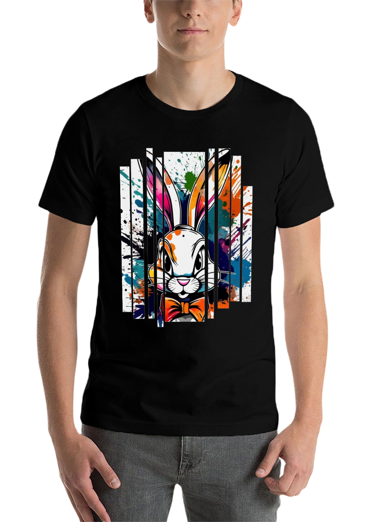 Black Stylish Rabbit Graphic Tee - Unique Colorful Design view 7