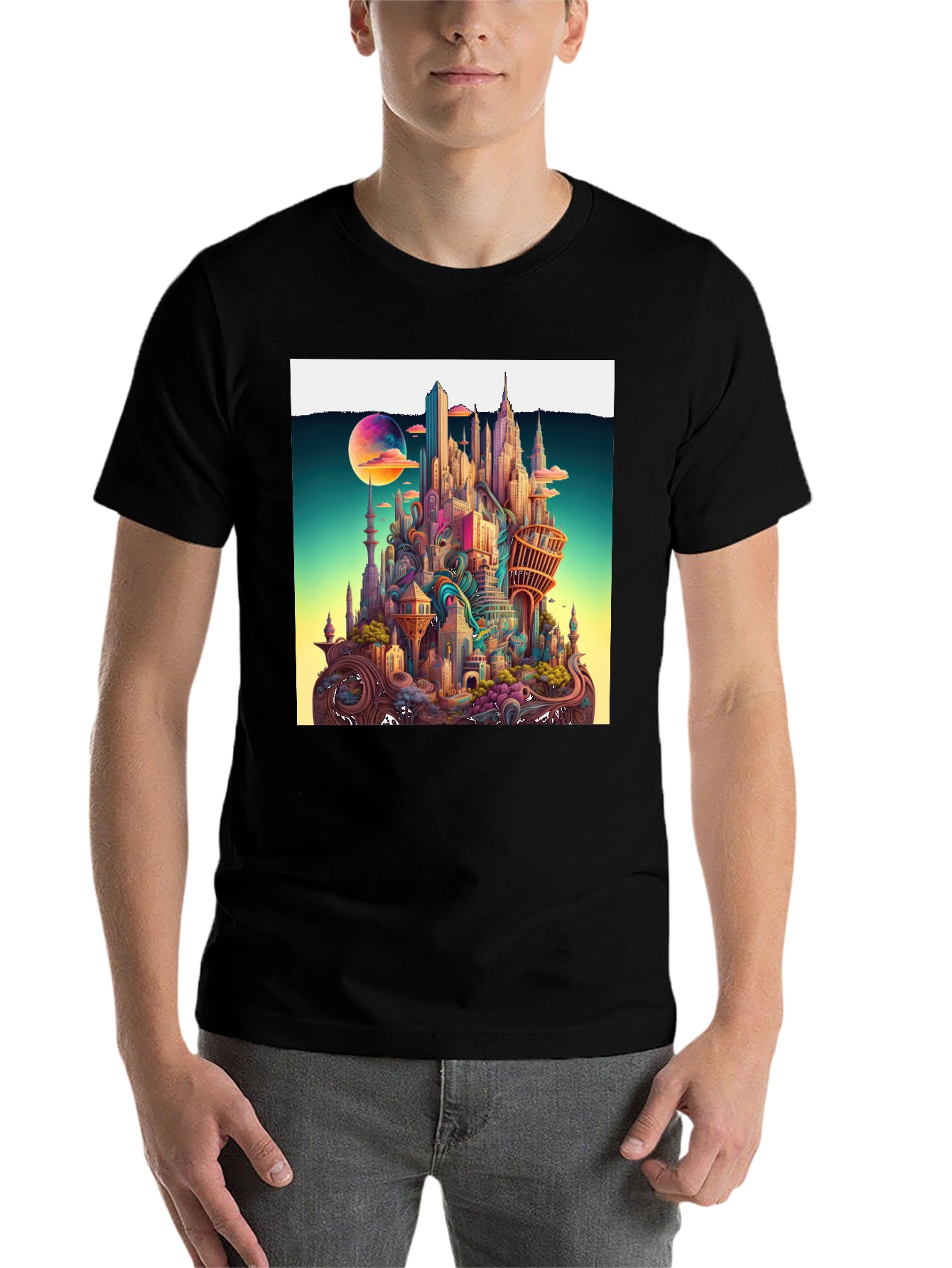 Black Whimsical Cityscape Graphic Tee - Unique Urban Fantasy Design view 7