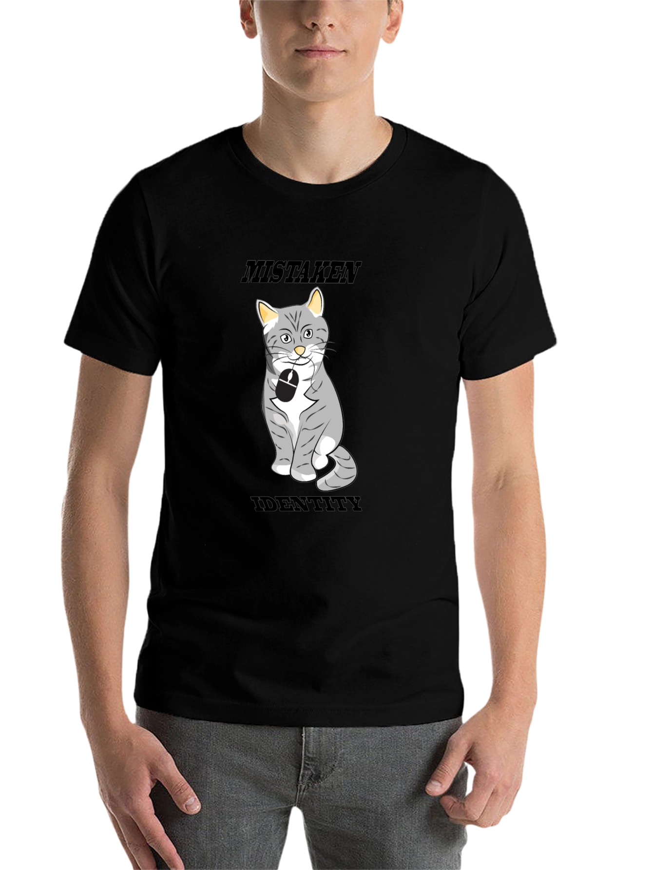 Black Mistaken Identity Cat T-Shirt, Funny Graphic Tee view 7