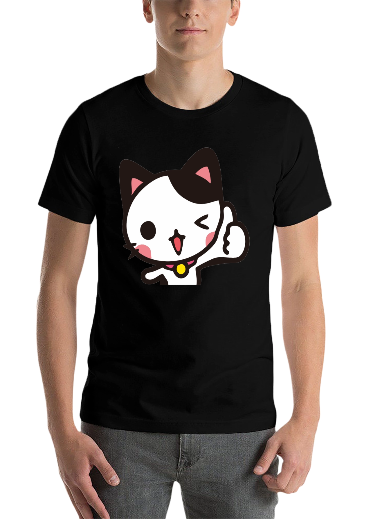 Black Cool Black T-Shirt with Cute Winking Cat Graphic view 7