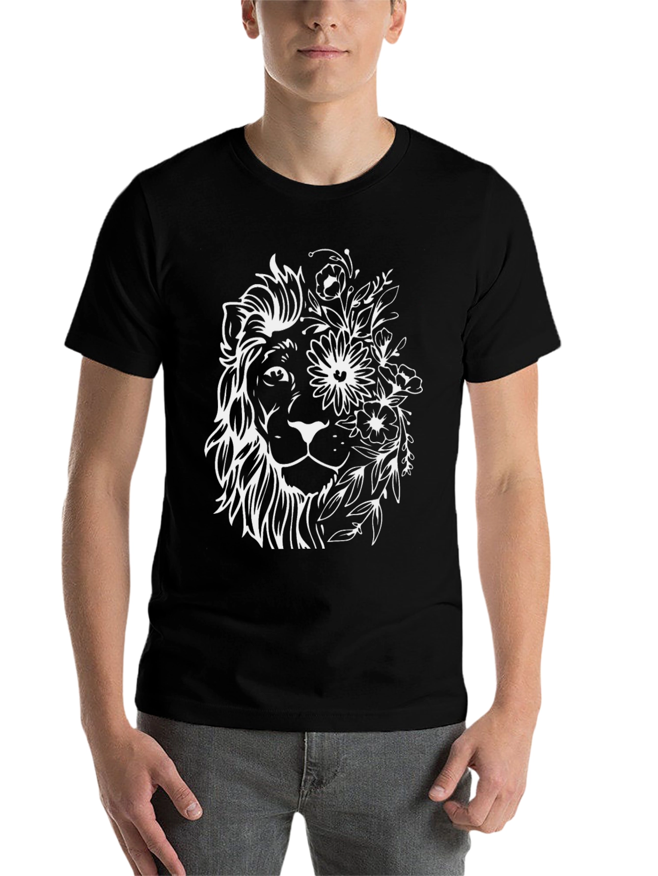 Black Floral Lion Graphic Tee - Black Cotton Blend view 7