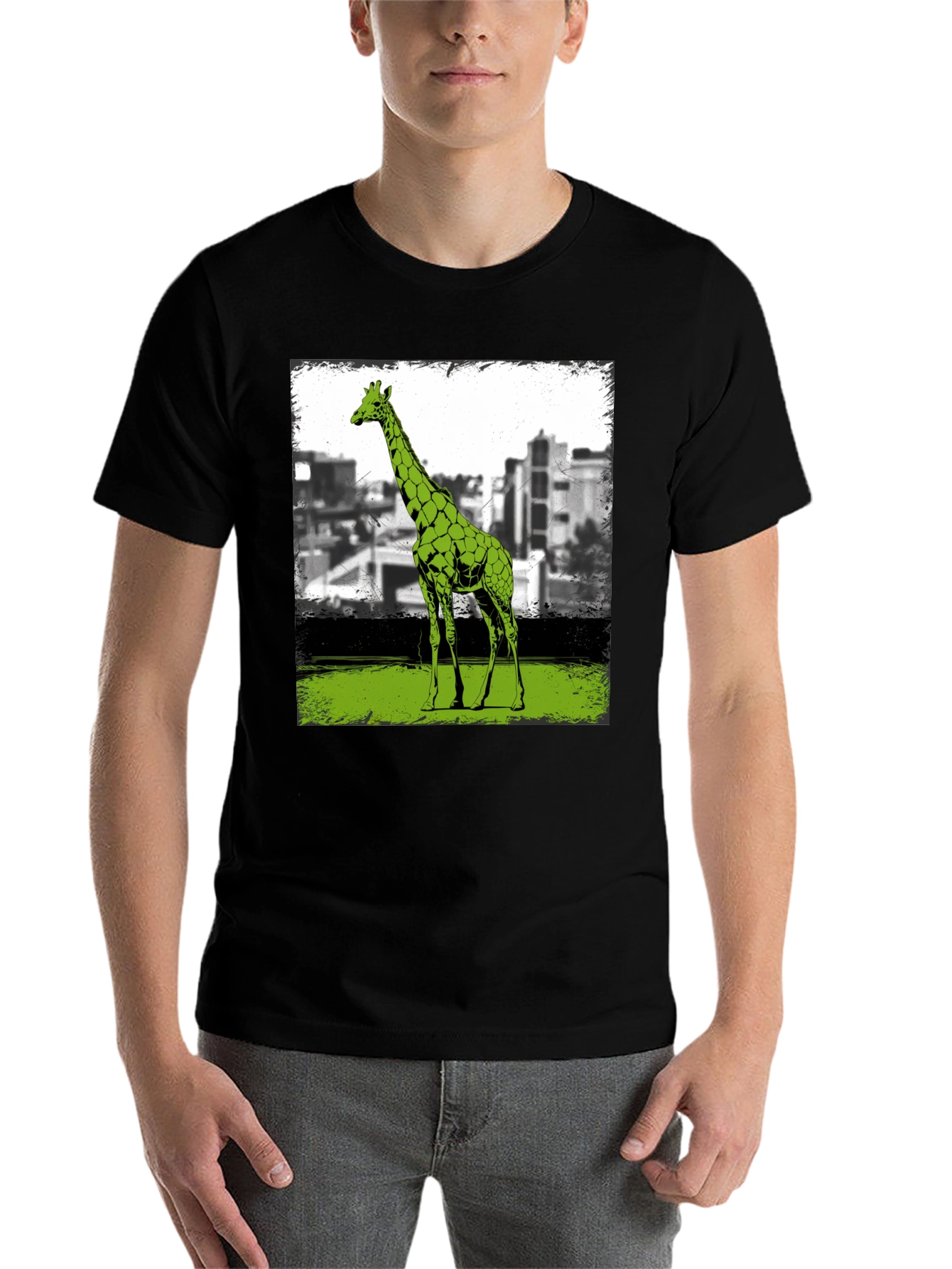 Black Giraffe Cityscape Graphic Tee - Cool Animal Print Shirt view 7