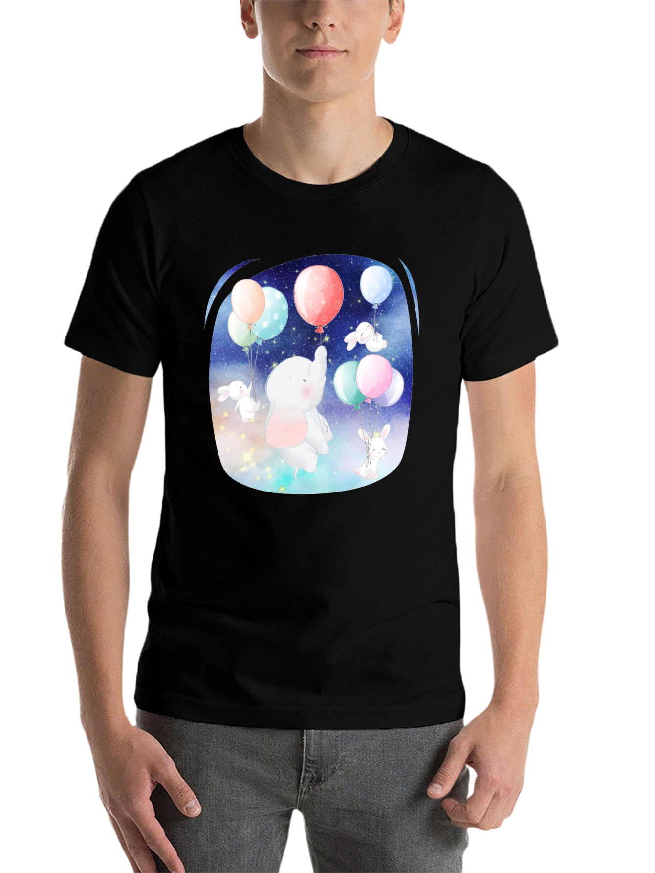 Cute Elephant & Bunny Balloon Ride Graphic Tee - 7