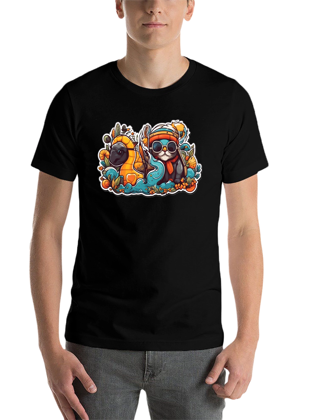 Black Cool Cartoon Otter and Platypus Black T-Shirt view 7