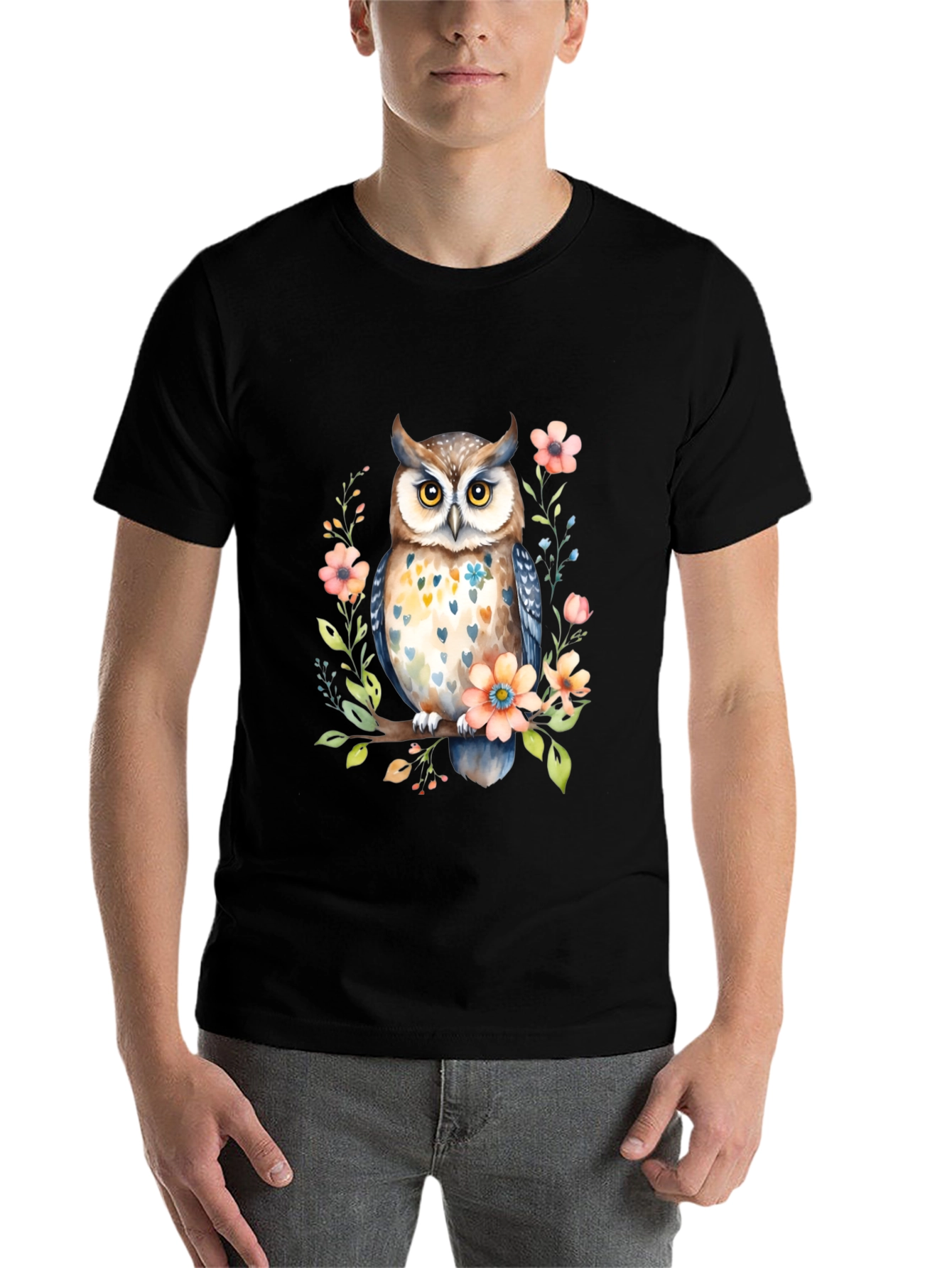 Black Owl and Floral Black T-Shirt view 7