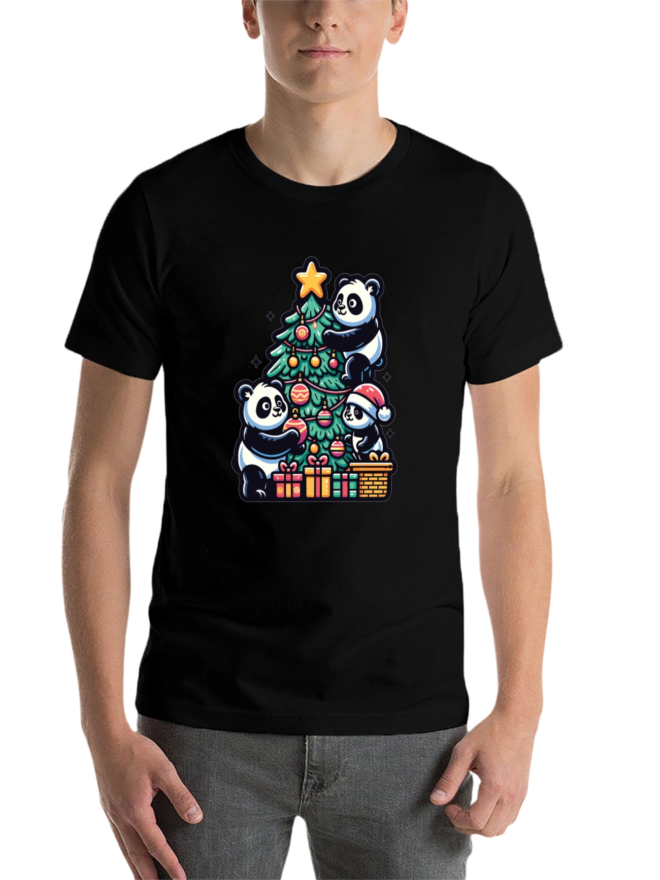 Black Panda Christmas T-Shirt - Holiday Festive Wear view 7