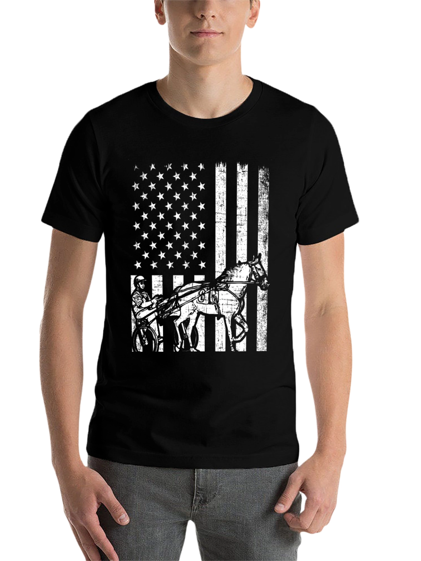 Black American Flag Horse Racing T-Shirt view 7