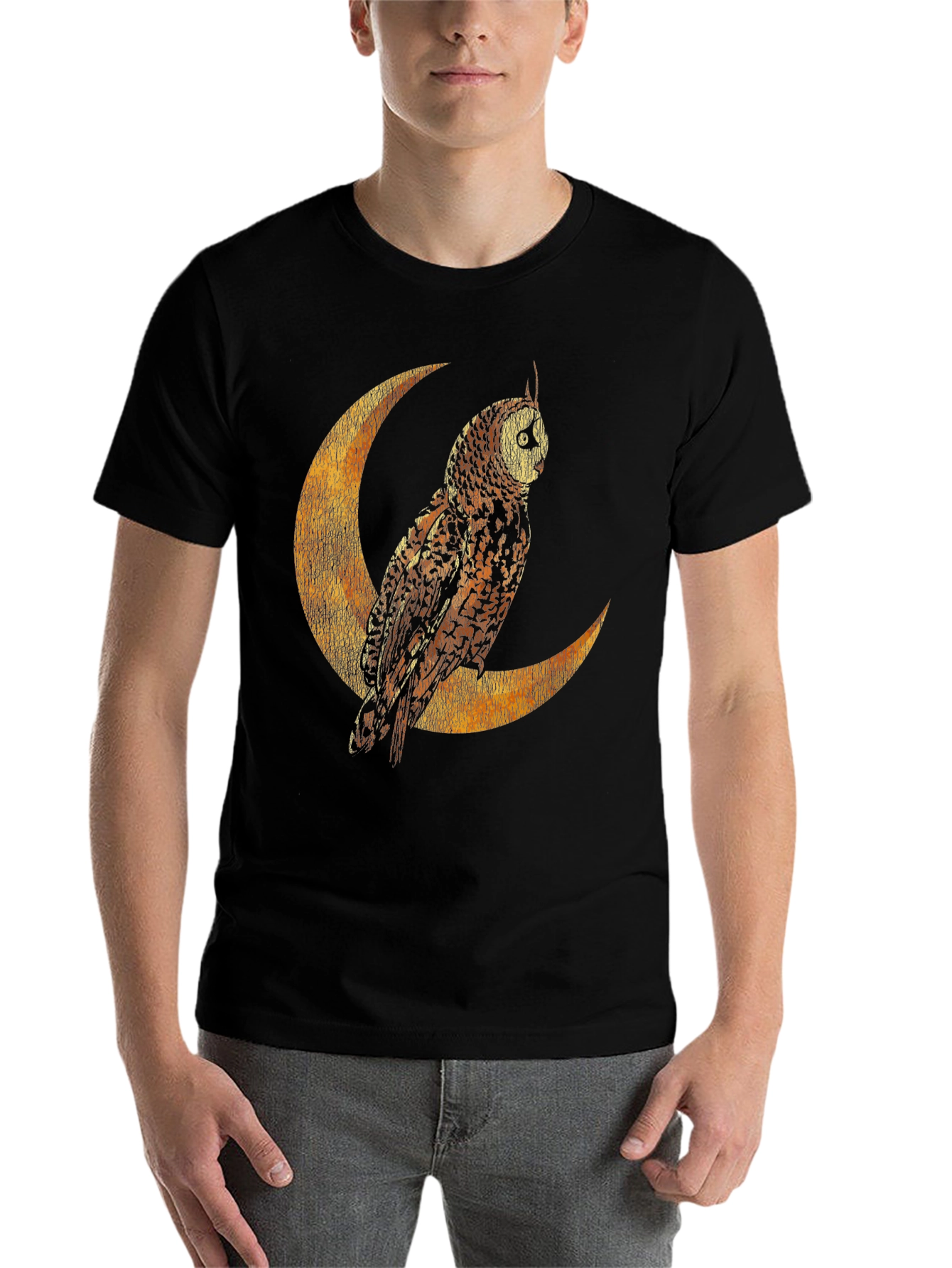 Black Owl on Crescent Moon Graphic Tee - Stylish Unisex T-Shirt view 7