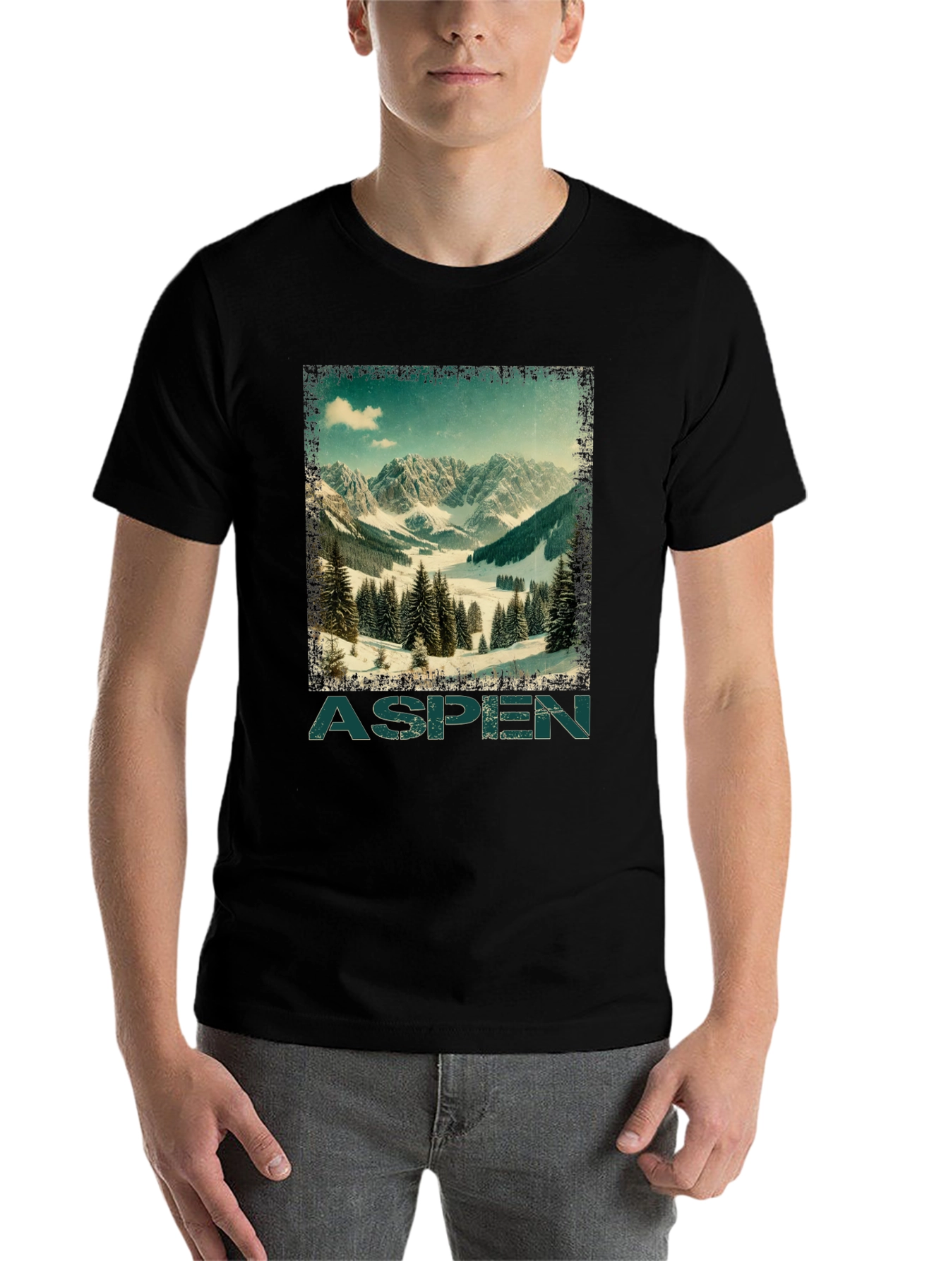 Black Aspen Mountain Graphic T-Shirt - Vintage Ski Design view 7