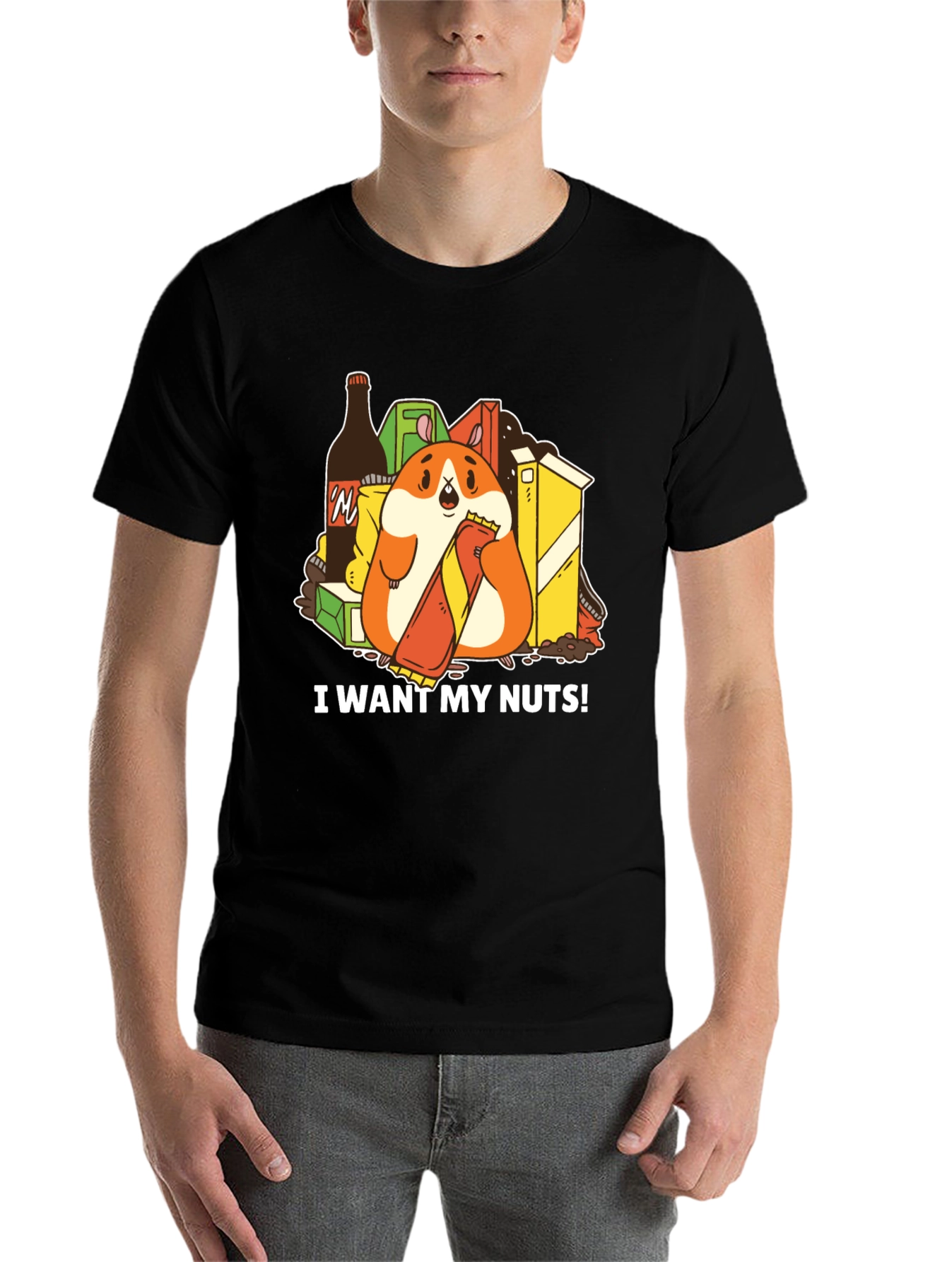 Black Funny Hamster 'I Want My Nuts!' Graphic T-Shirt view 7