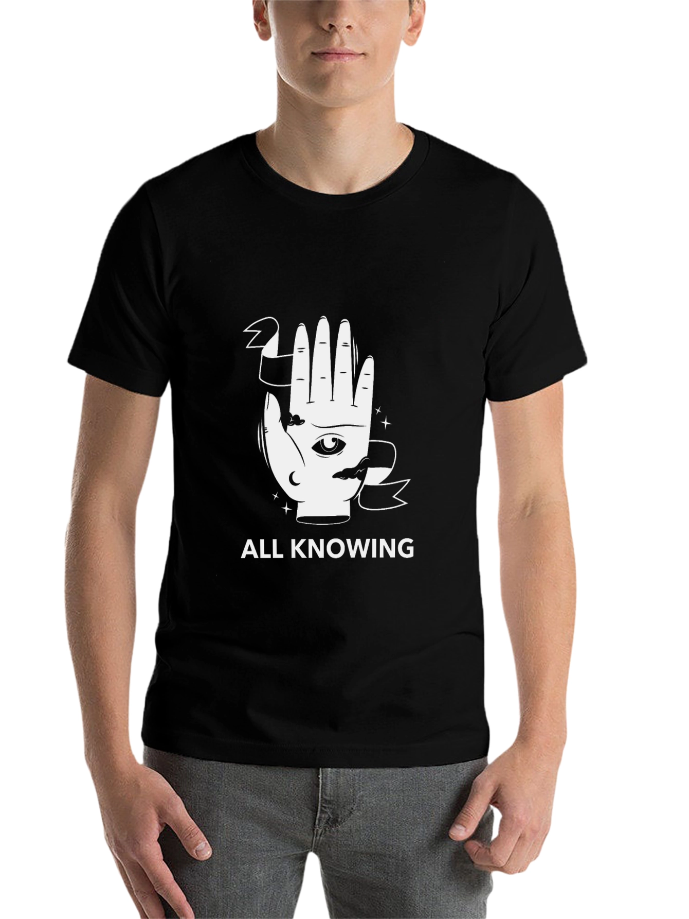 Black All Knowing Graphic Tee - Unisex Black T-Shirt view 7