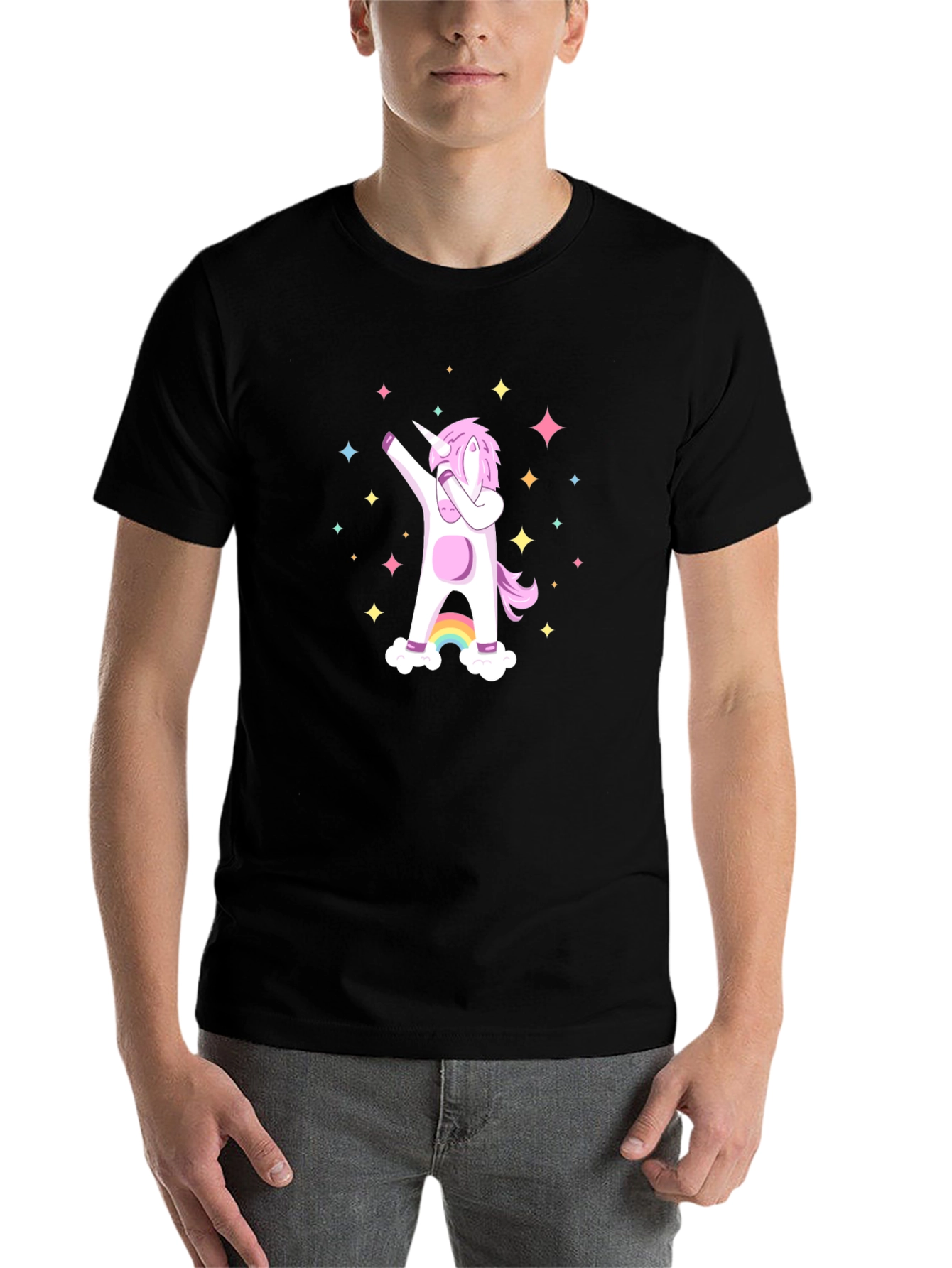Black Dabbing Unicorn Graphic Tee - Black Cotton Casual Shirt view 7
